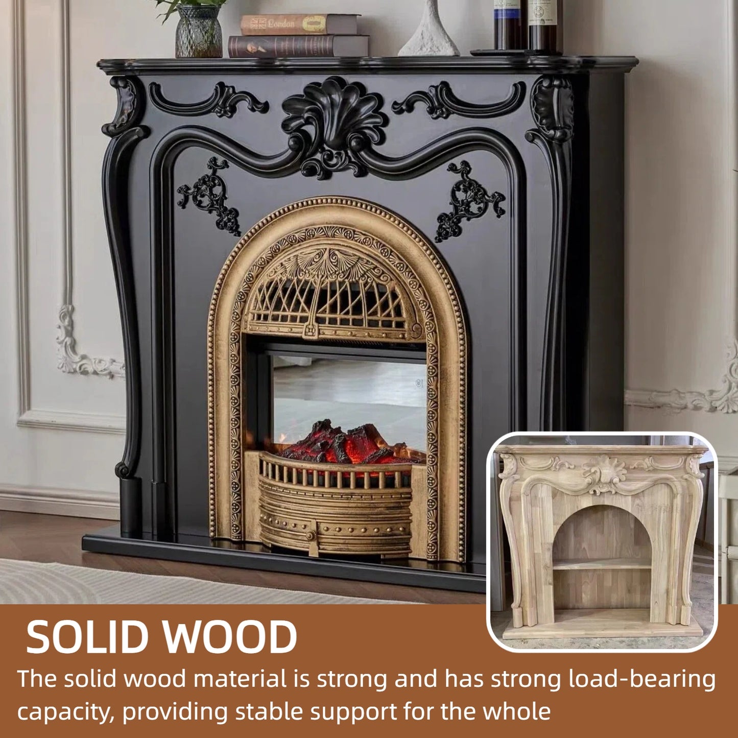 Aihm-Lon Black Electric Fireplace Solid Wood Cabinet with Faux Flame Insert 47” - 55”