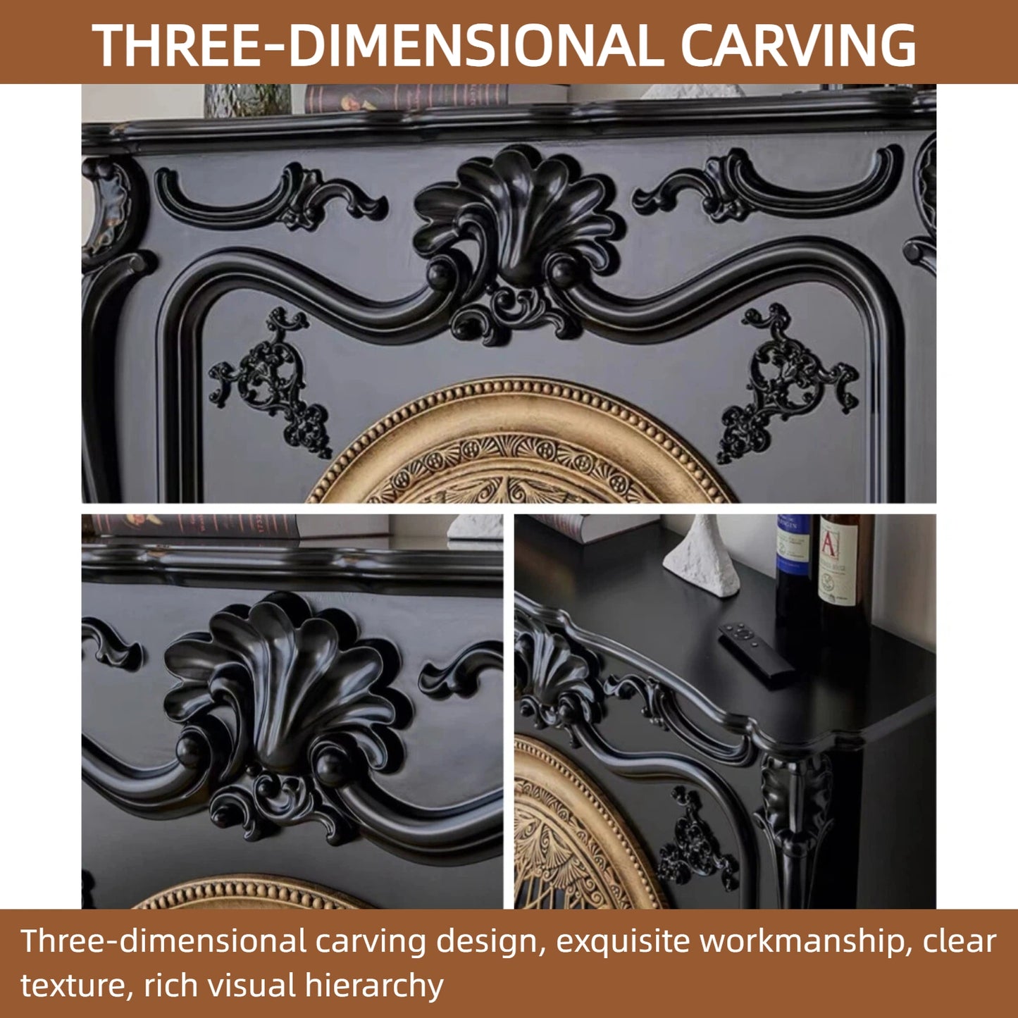 Aihm-Lon Black Electric Fireplace Solid Wood Cabinet with Faux Flame Insert 47” - 55”