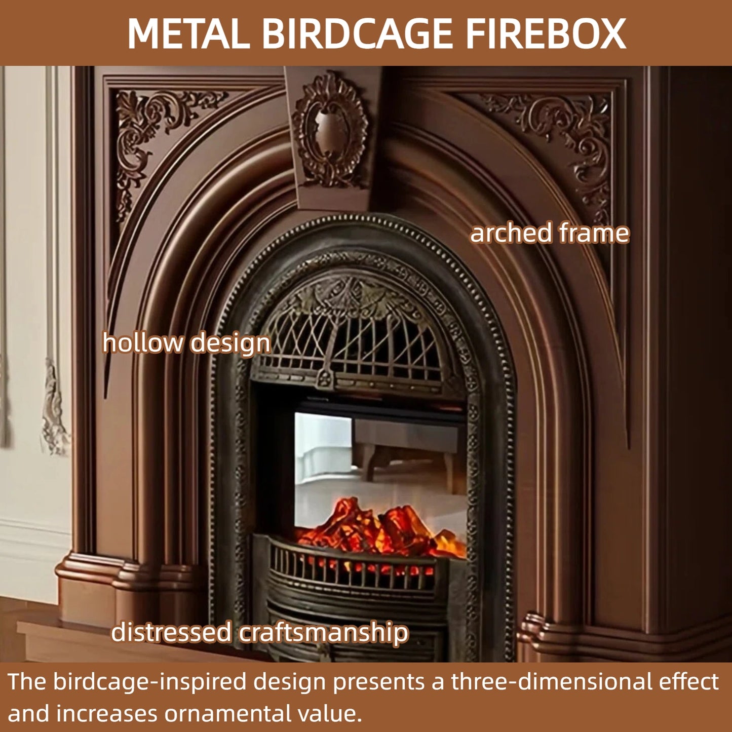 Aihm-Lon Brown Electric Fireplace Includes Arched Birdcage 47”