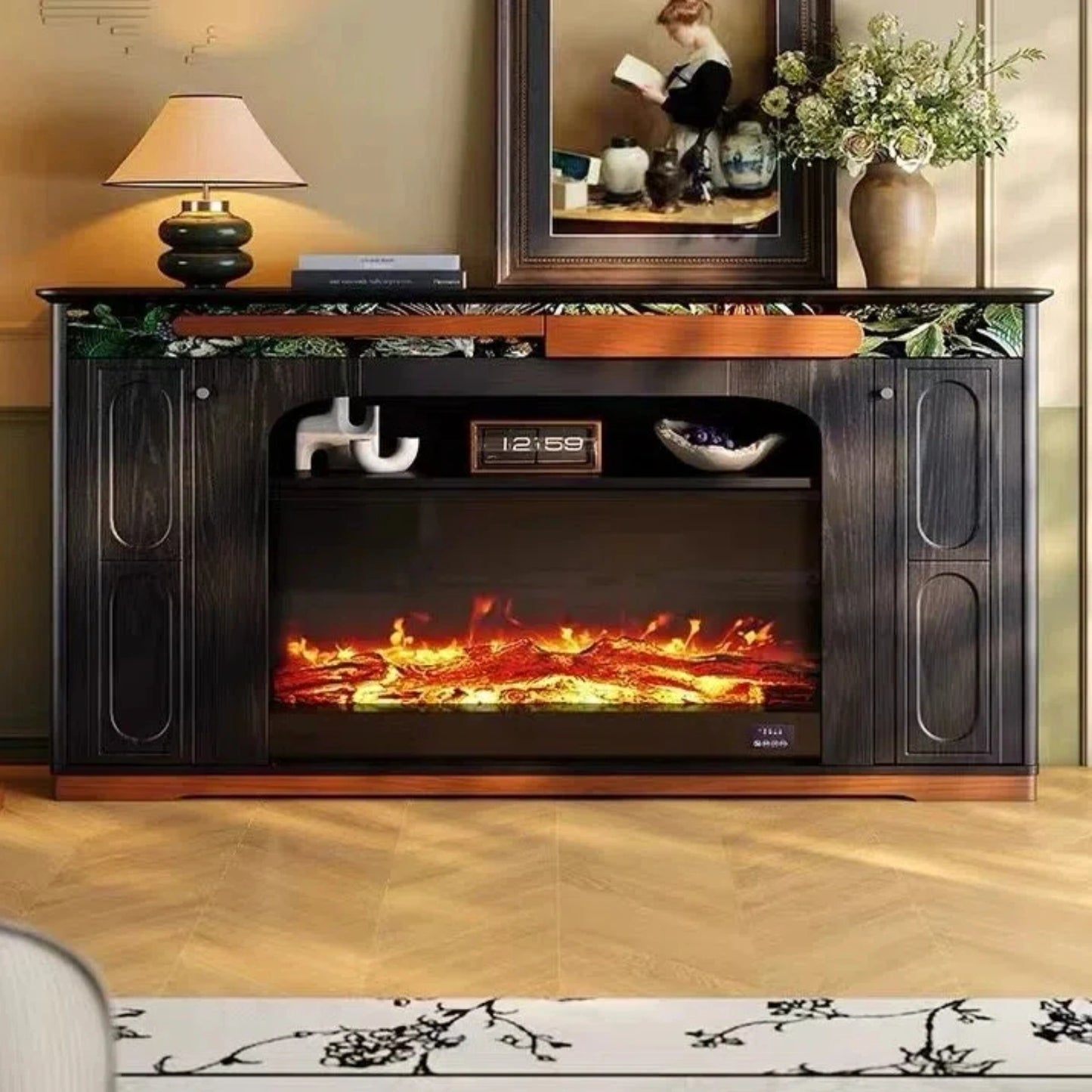 Aihm-Lon Vintage Electric Fireplace with Black Open Shelf 71”