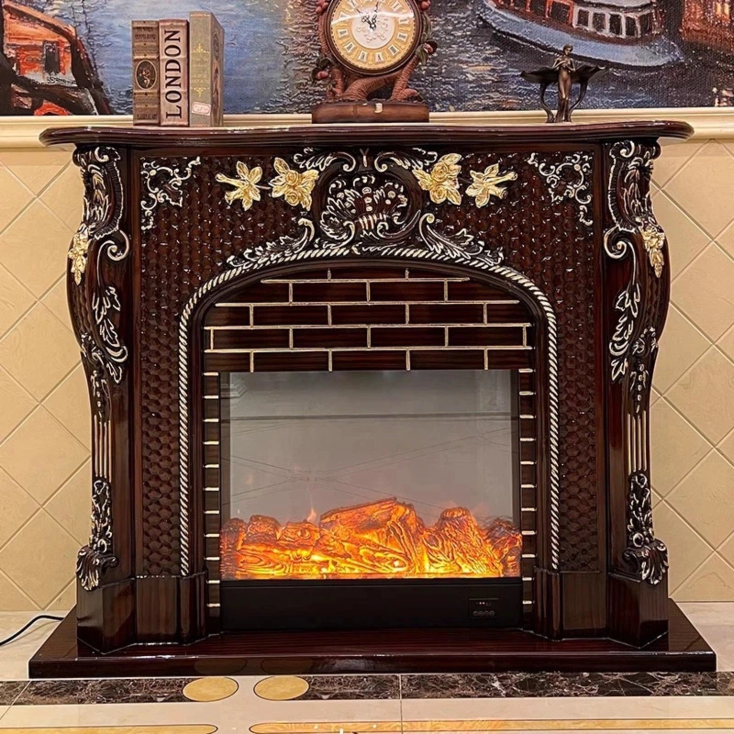 Aihm-Lon Vintage Electric Fireplace Includes 3D Carvings & Hexagonal Textures 59”