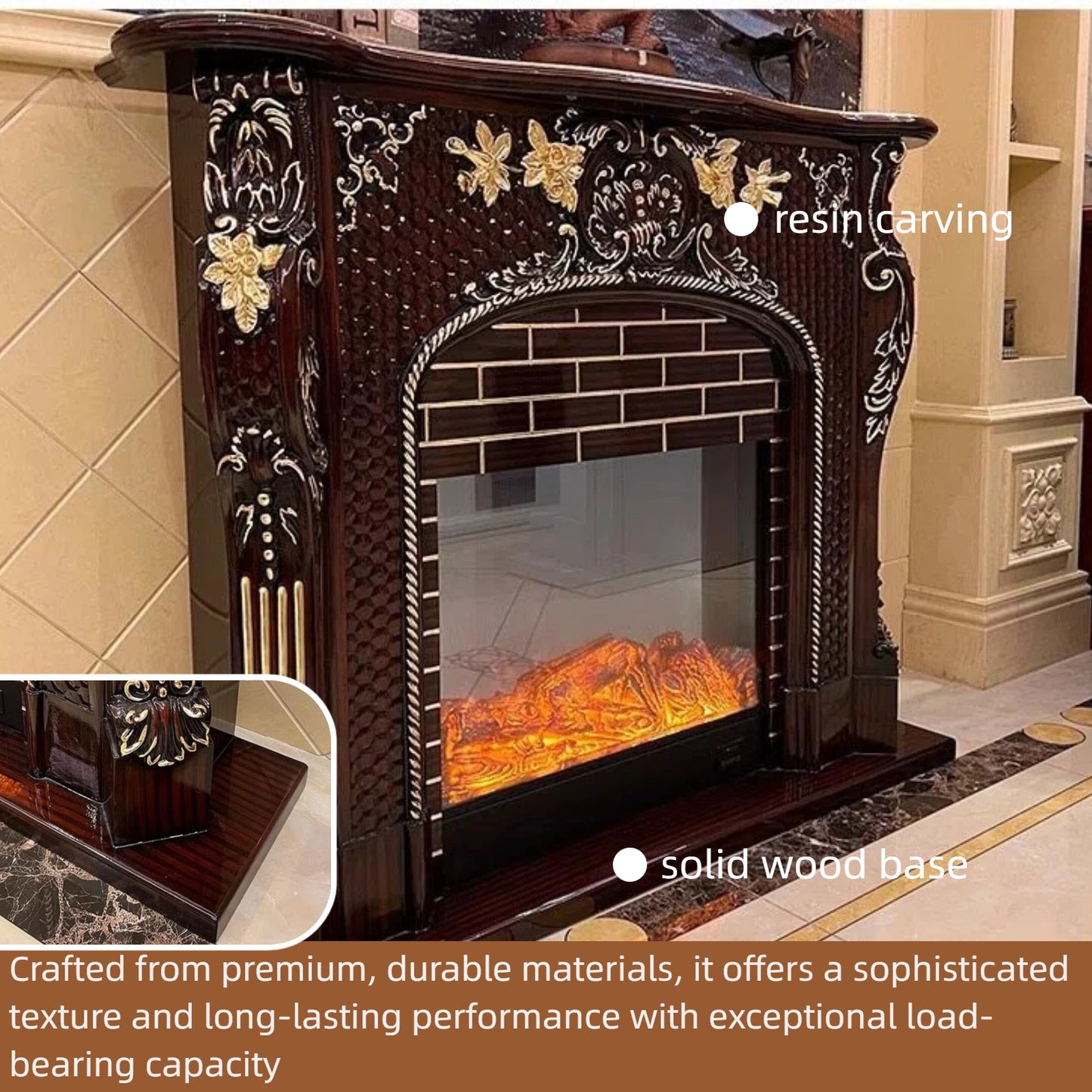 Aihm-Lon Vintage Electric Fireplace Includes 3D Carvings & Hexagonal Textures 59”