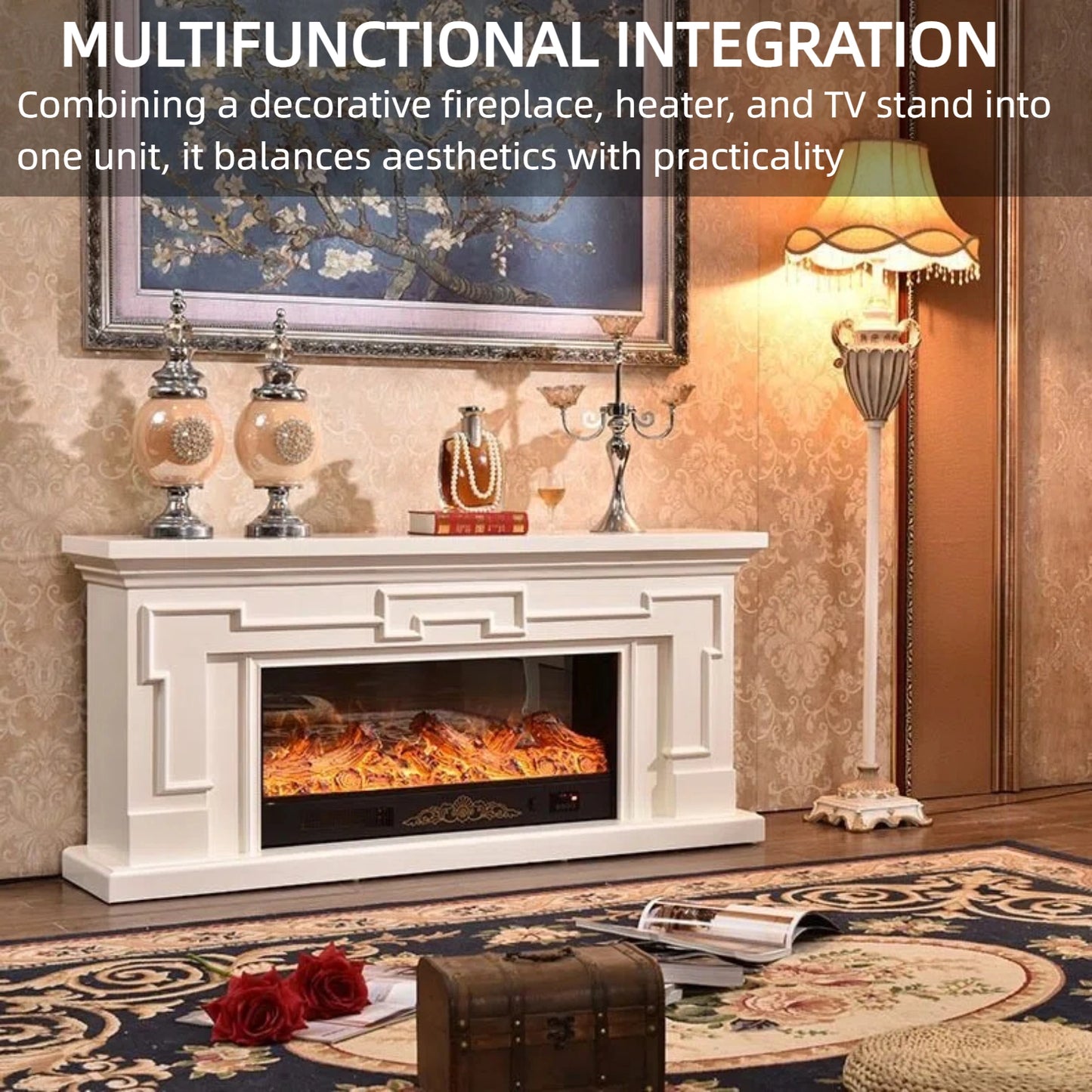 Aihm-Lon Modern Electric Fireplace with Mantel Includes White Polygonal Line 59”