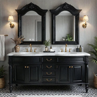 72"-96"Large Black Bathroom Vanity with Carved Ornate Design