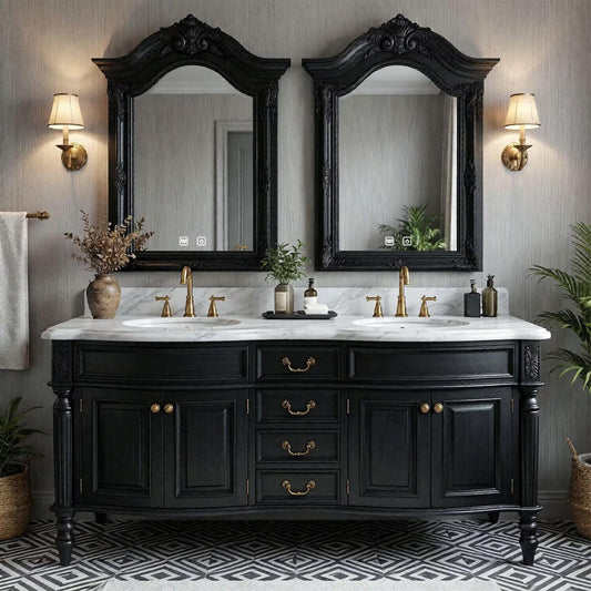72"-96"Large Black Bathroom Vanity with Carved Ornate Design