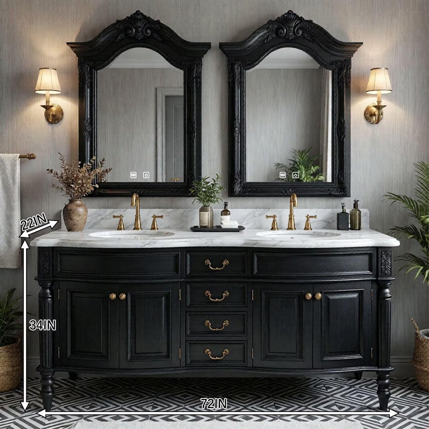 72"-96"Large Black Bathroom Vanity with Carved Ornate Design