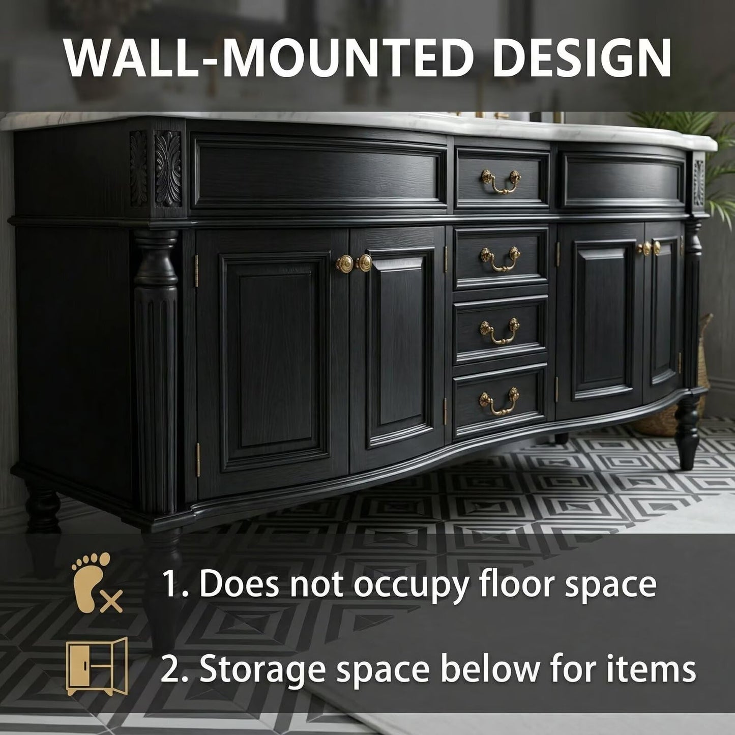 72"-96"Large Black Bathroom Vanity with Carved Ornate Design