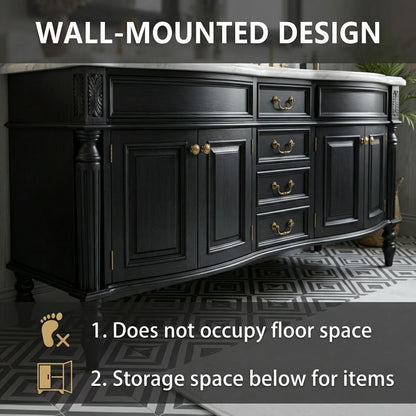 72"-96"Large Black Bathroom Vanity with Carved Ornate Design