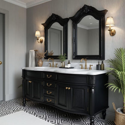 72"-96"Large Black Bathroom Vanity with Carved Ornate Design