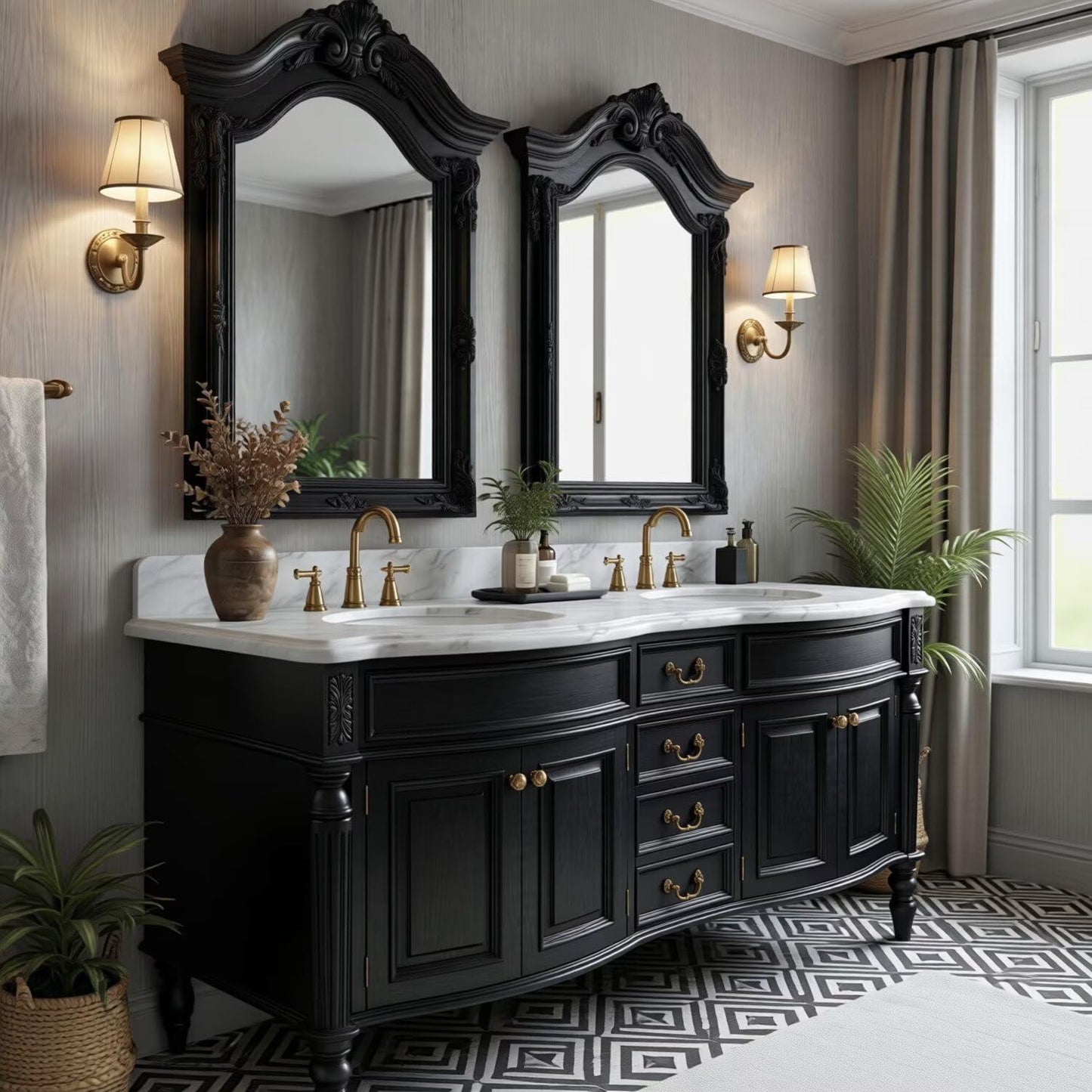 72"-96"Large Black Bathroom Vanity with Carved Ornate Design