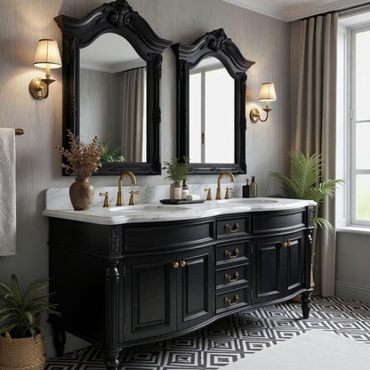 72"-96"Large Black Bathroom Vanity with Carved Ornate Design