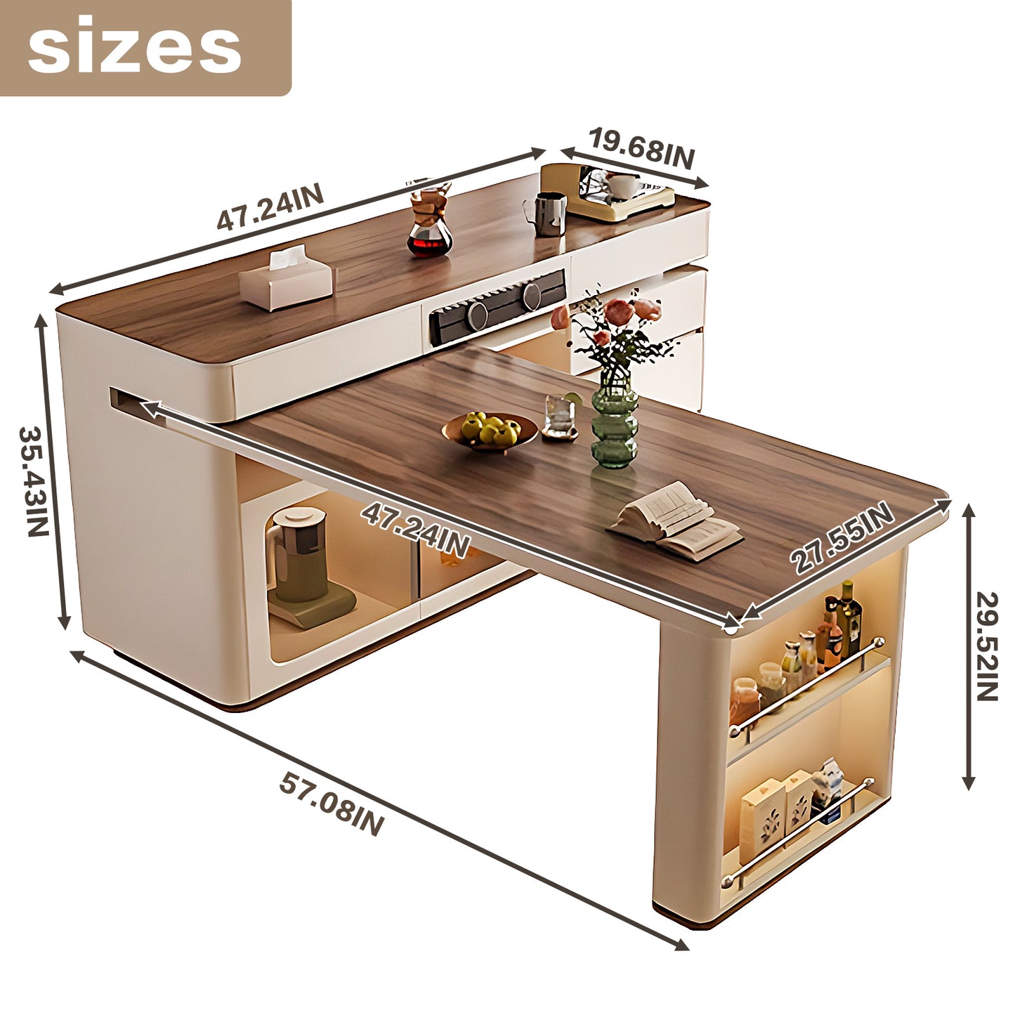 Aihm-Lon Kitchen Island with Adjustable Extendable Table 57.08"-72.83"
