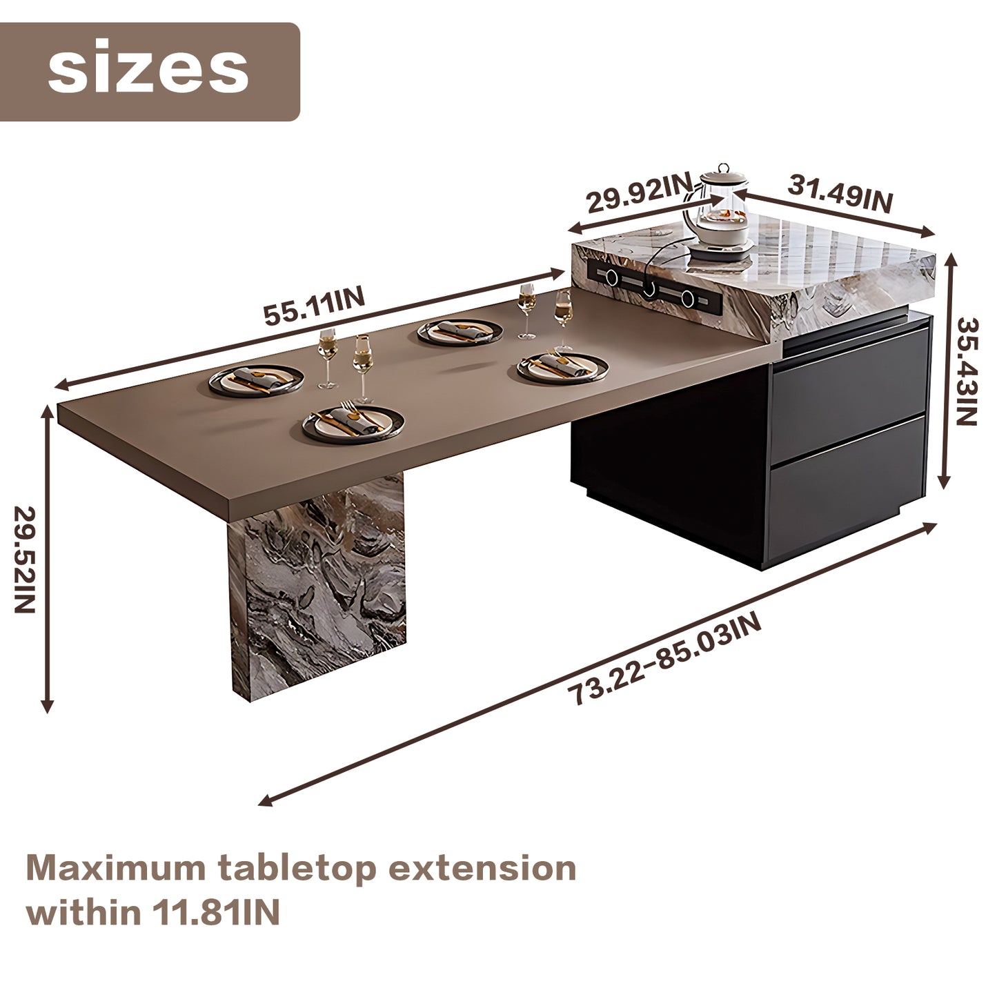 Aihm-Lon Large Kitchen Island with Extendable Dinning Table 85.03"-100.78"
