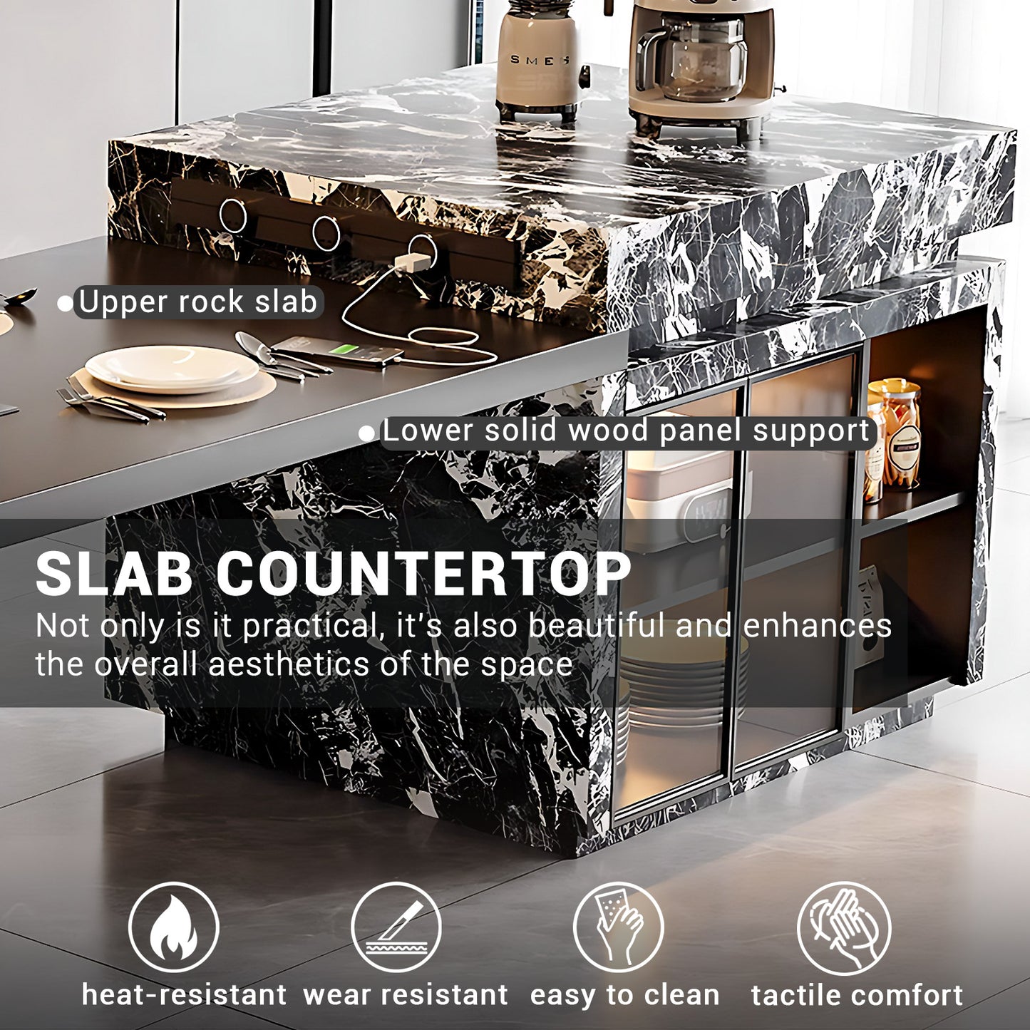 Aihm-Lon Black and White Kitchen Island with Extendable Table 93.7"-109.44"