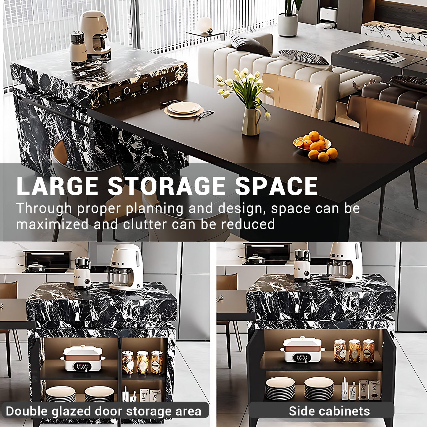 Aihm-Lon Black and White Kitchen Island with Extendable Table 93.7"-109.44"