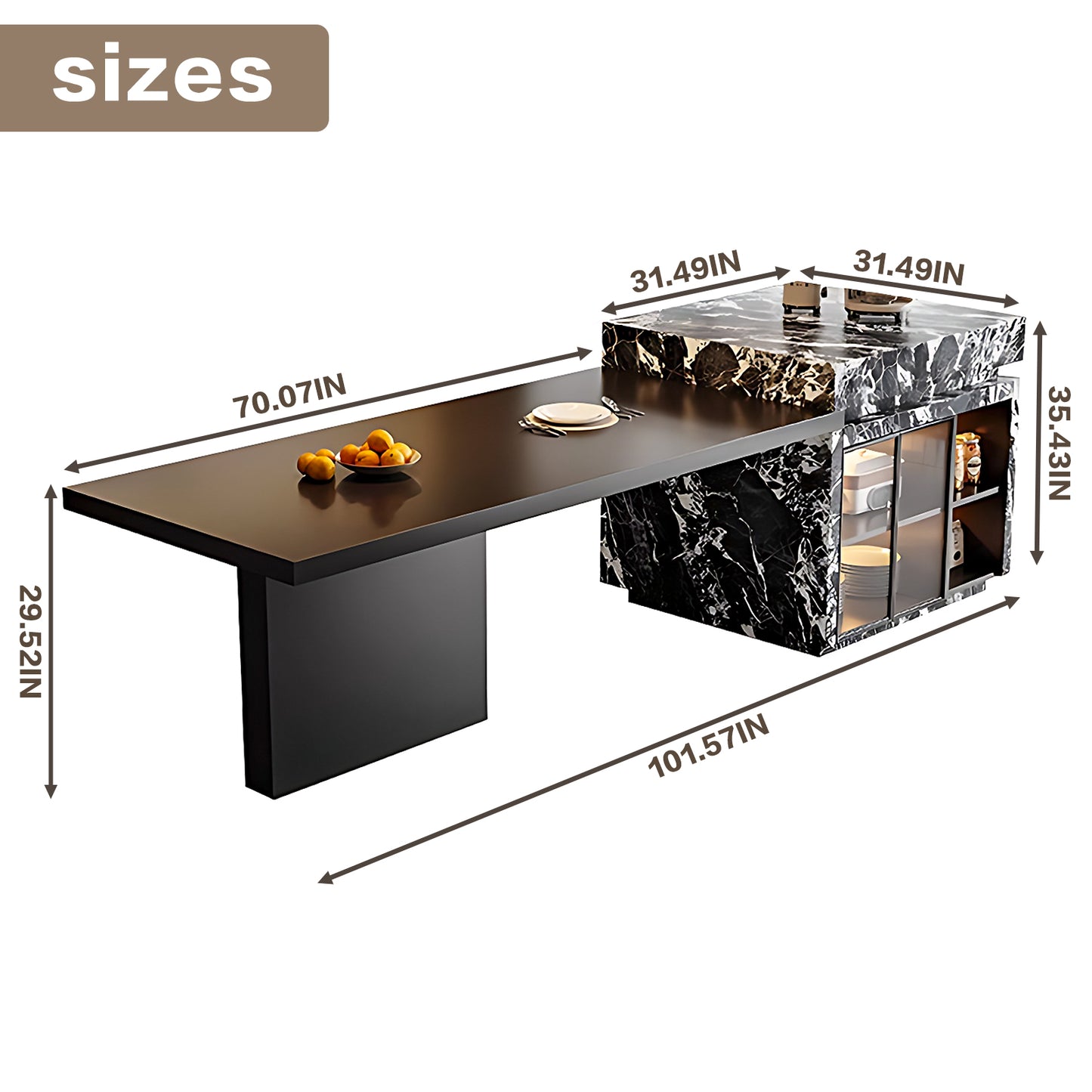 Aihm-Lon Black and White Kitchen Island with Extendable Table 93.7"-109.44"