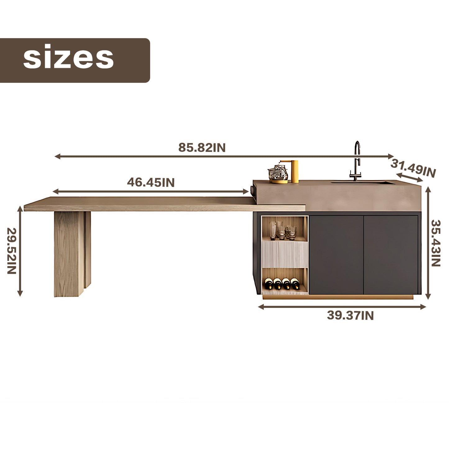 Aihm-Lon Brown Kitchen Island with Extendable Table 85.82"-109.44"