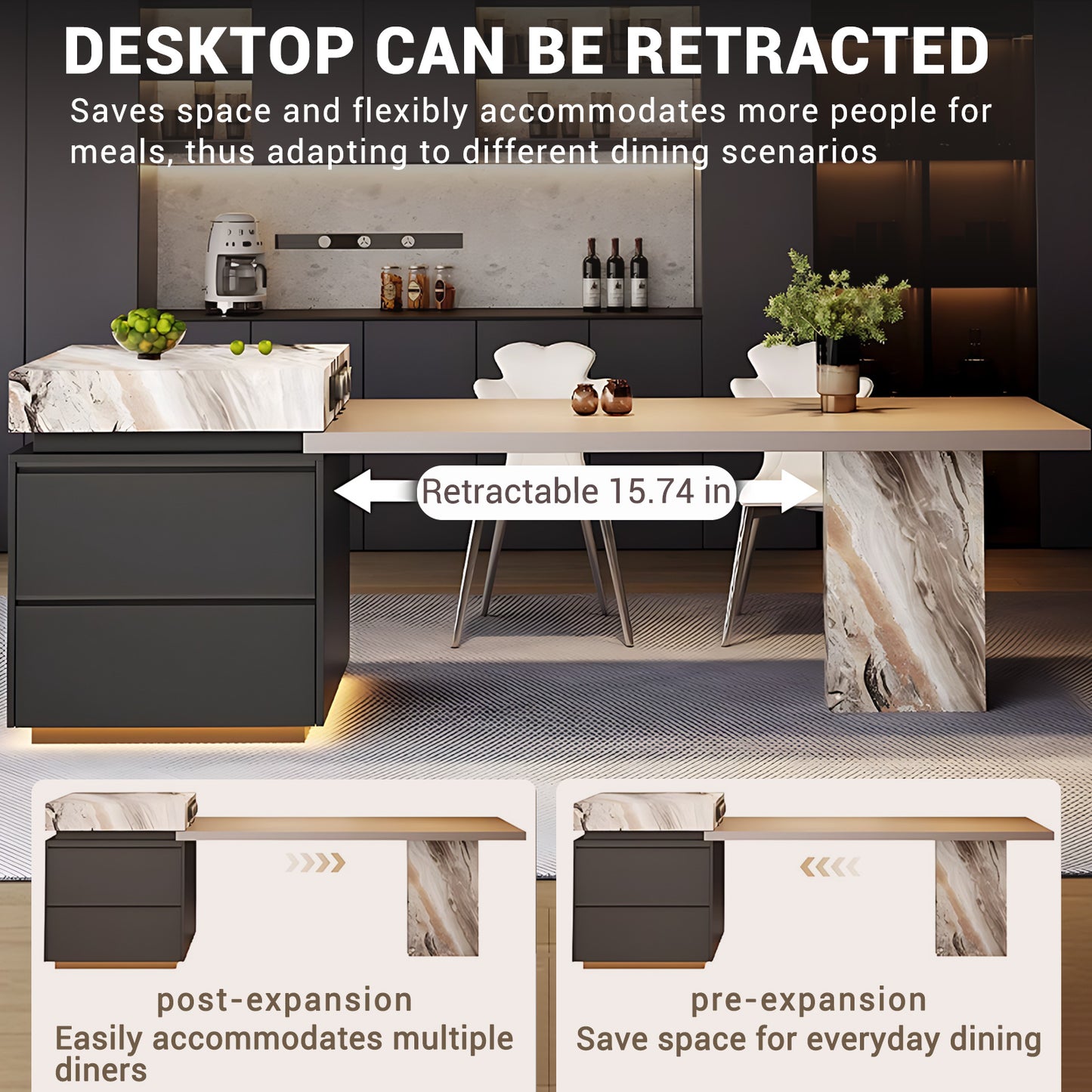 Aihm-Lon Black Kitchen Island with Extendable Table 85.03"-100.78"