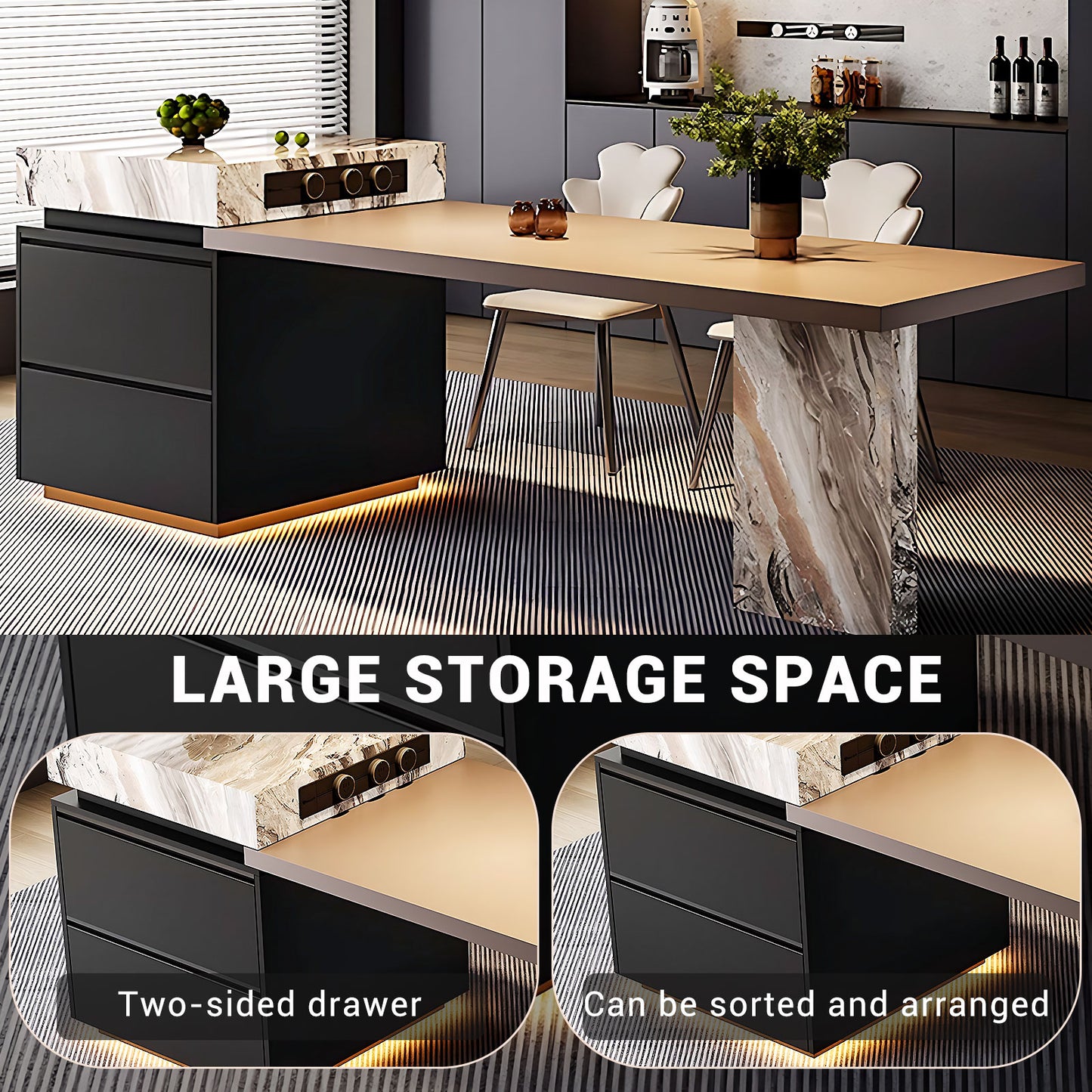 Aihm-Lon Black Kitchen Island with Extendable Table 85.03"-100.78"