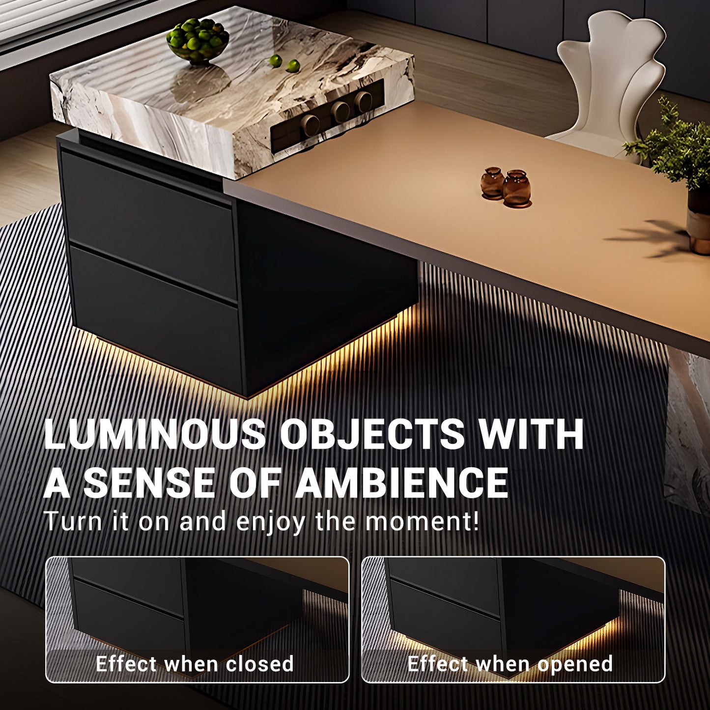 Aihm-Lon Black Kitchen Island with Extendable Table 85.03"-100.78"