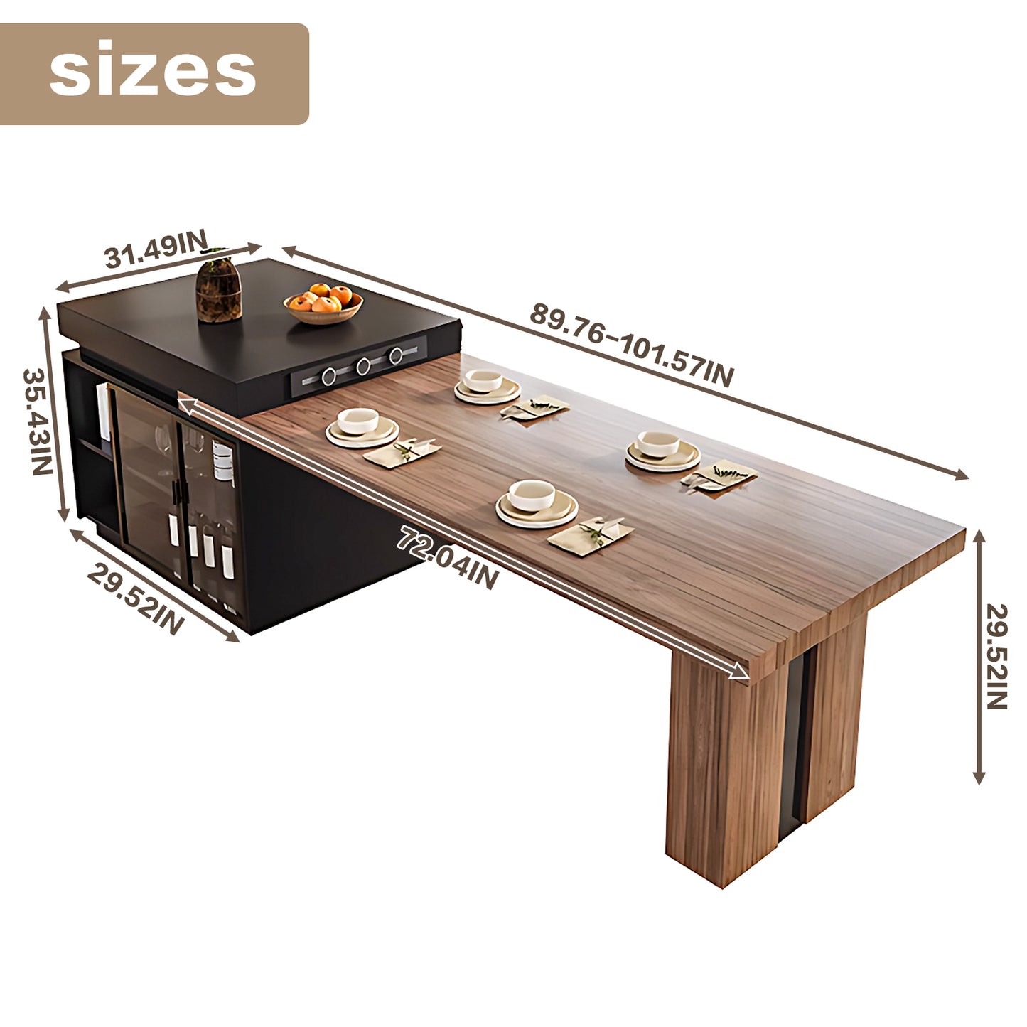 Aihm-Lon Brown Wooden Kitchen Island with Extendable Table 93.7"-101.57"