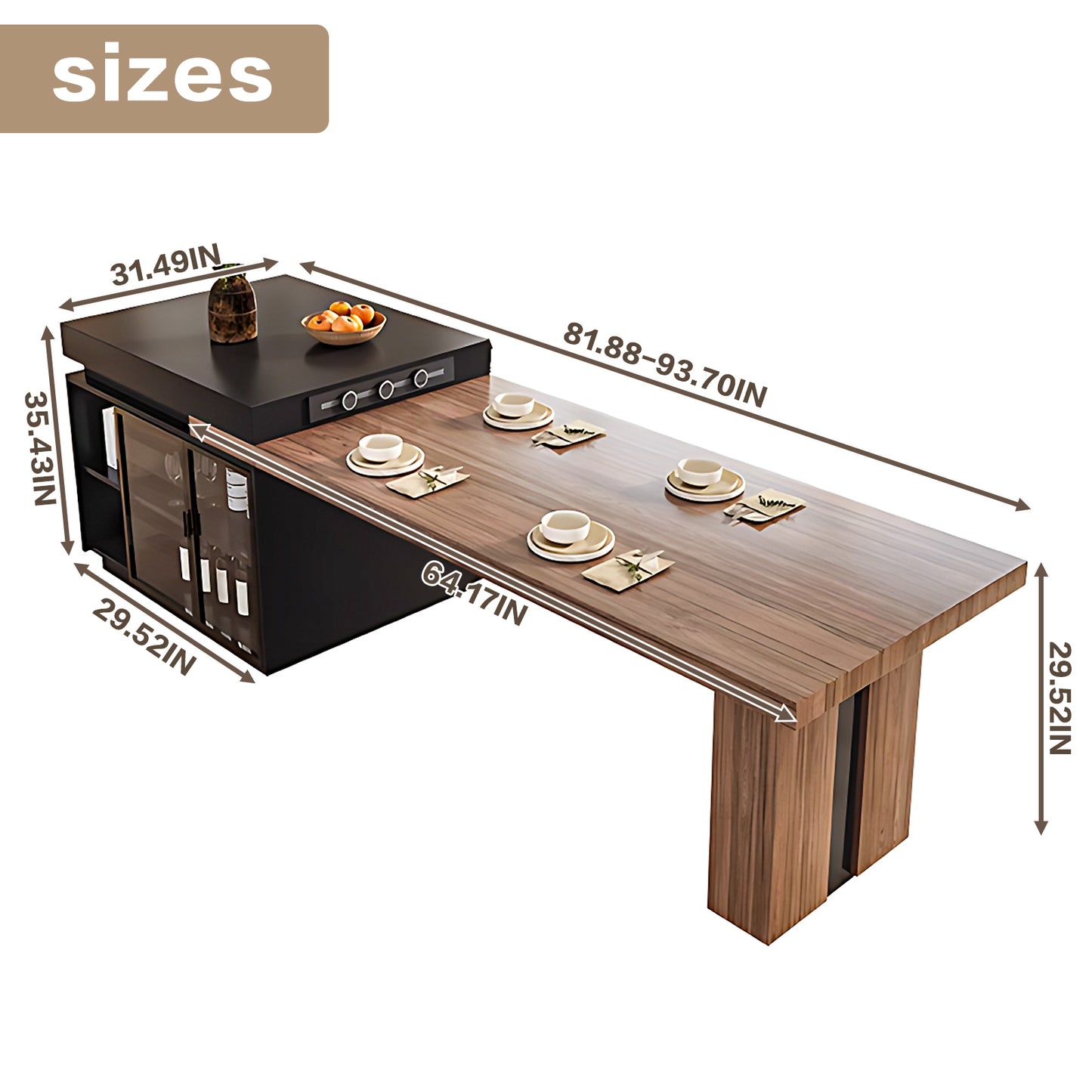 Aihm-Lon Brown Wooden Kitchen Island with Extendable Table 93.7"-101.57"