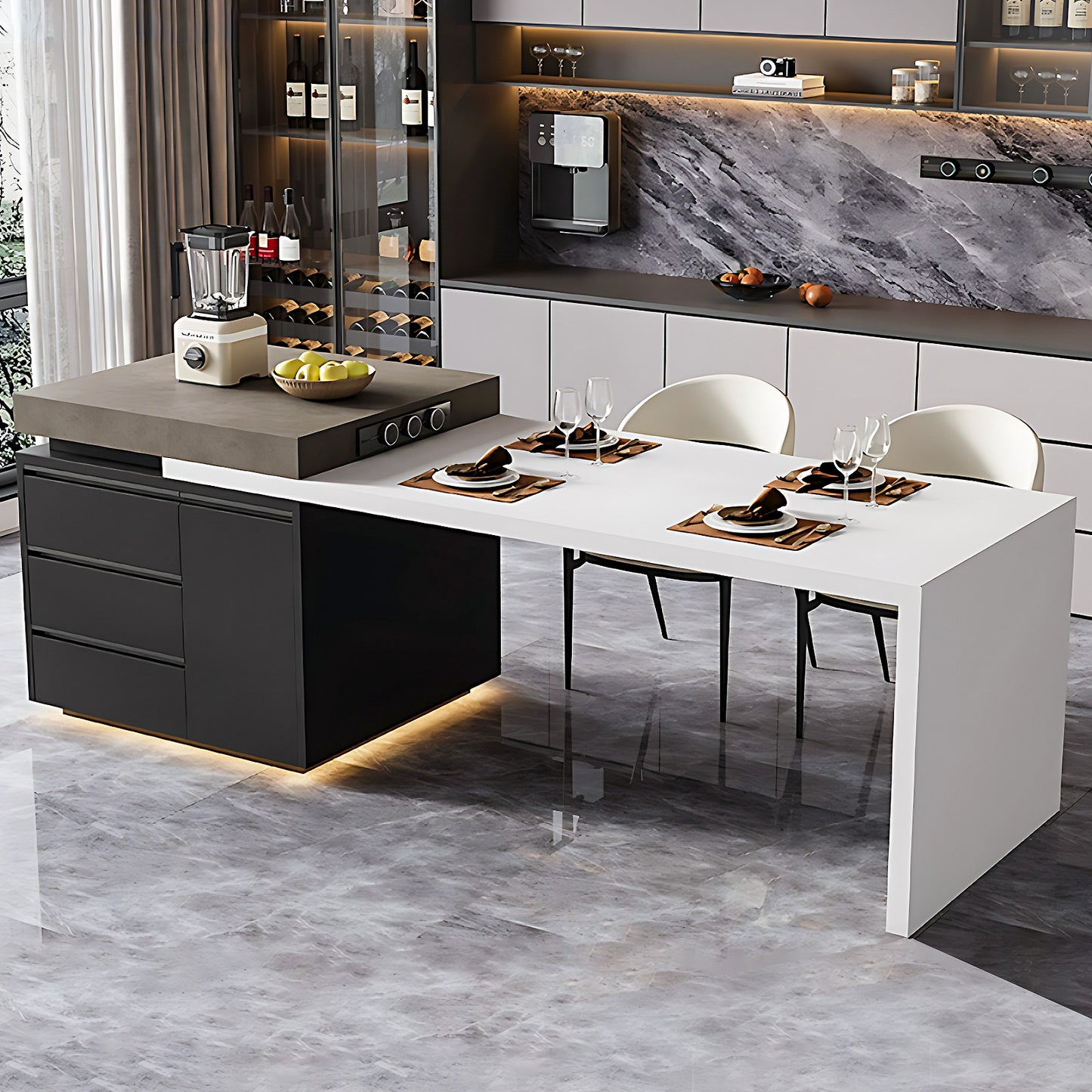 Aihm-Lon White Wooden Kitchen Island with Extendable Table 86.61"-102.36"