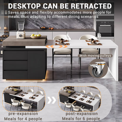 Aihm-Lon White Wooden Kitchen Island with Extendable Table 86.61"-102.36"