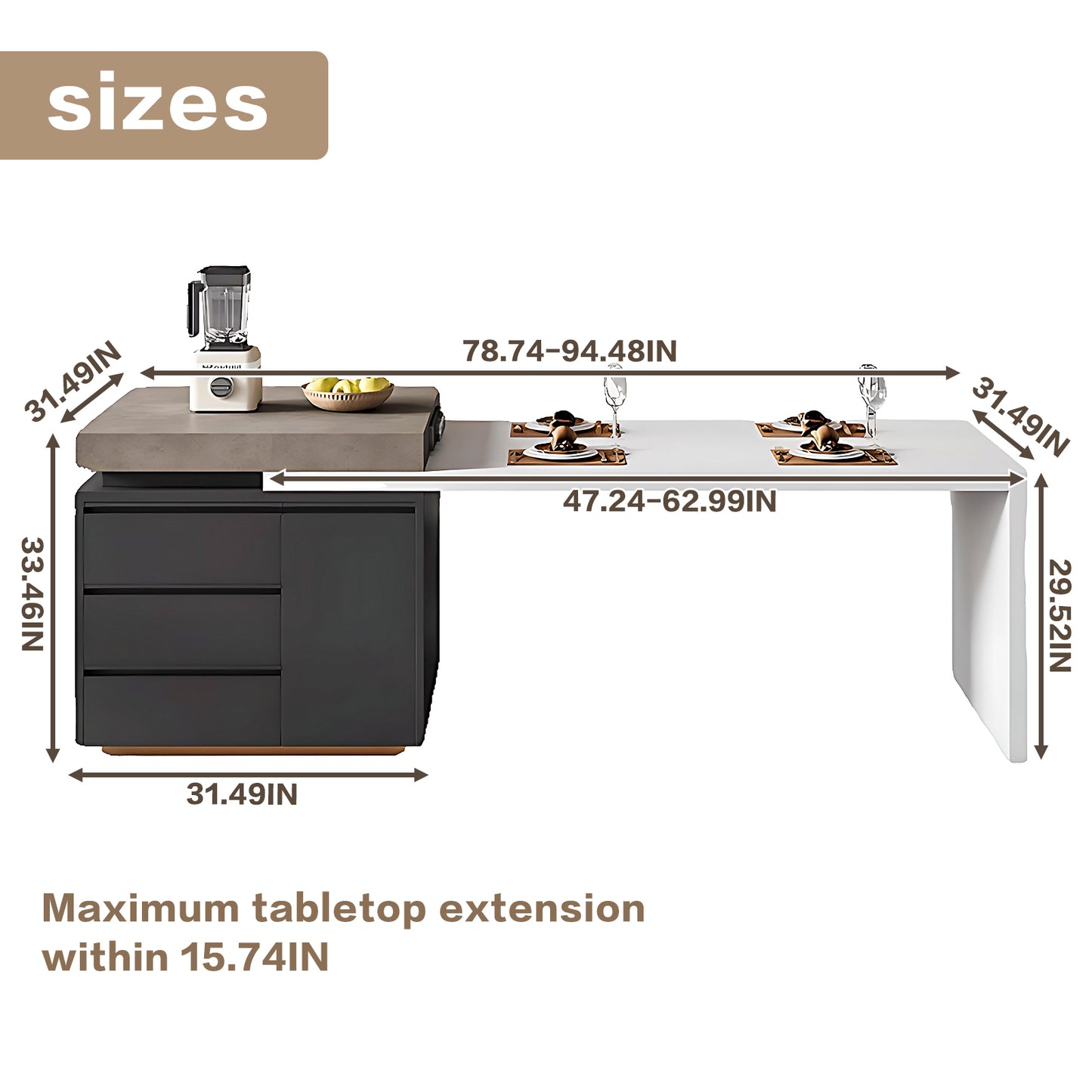 Aihm-Lon White Wooden Kitchen Island with Extendable Table 86.61"-102.36"