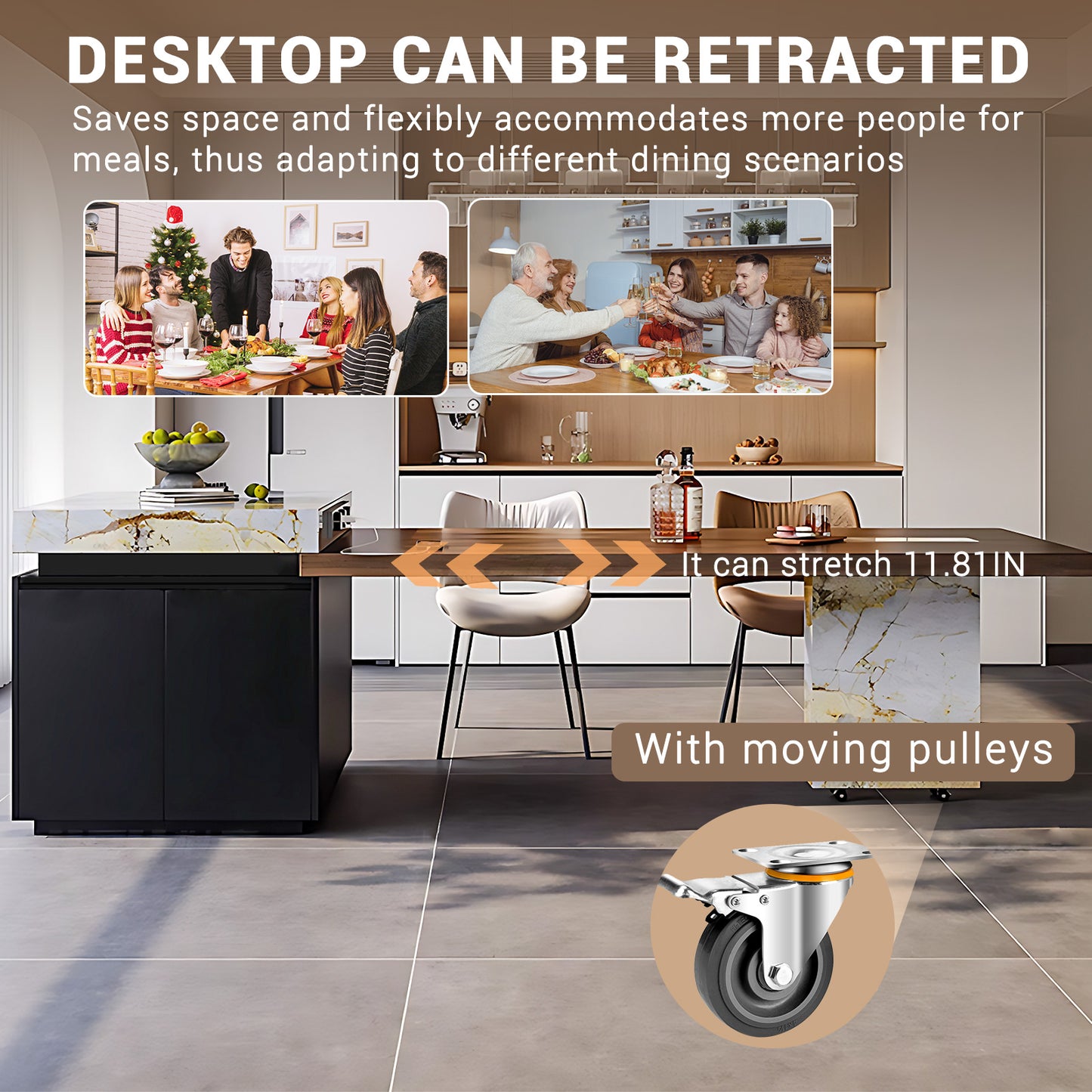 Aihm-Lon Kitchen Island with Extendable Table Wheels and Sink 93.7"-101.57"