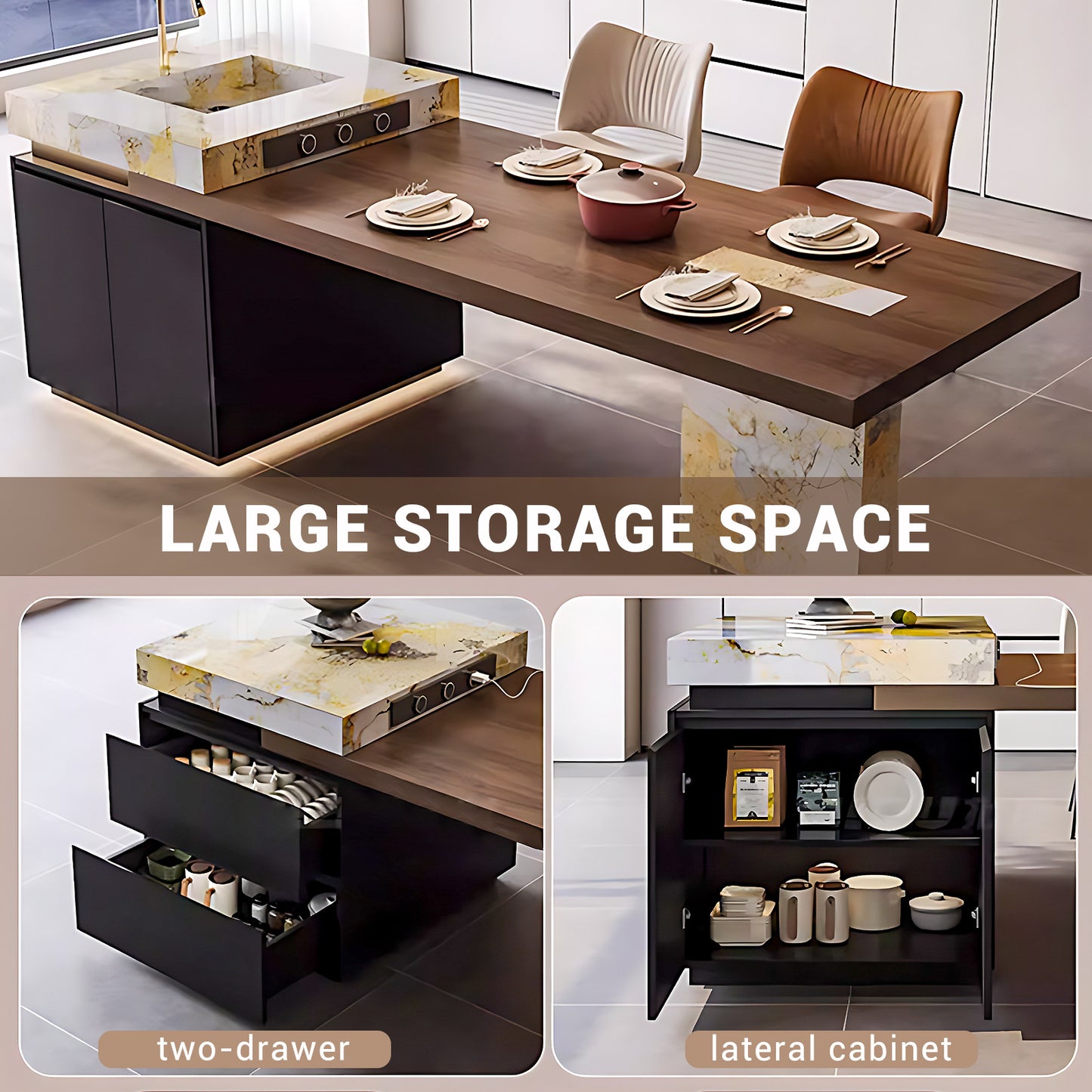 Aihm-Lon Kitchen Island with Extendable Table Wheels and Sink 93.7"-101.57"