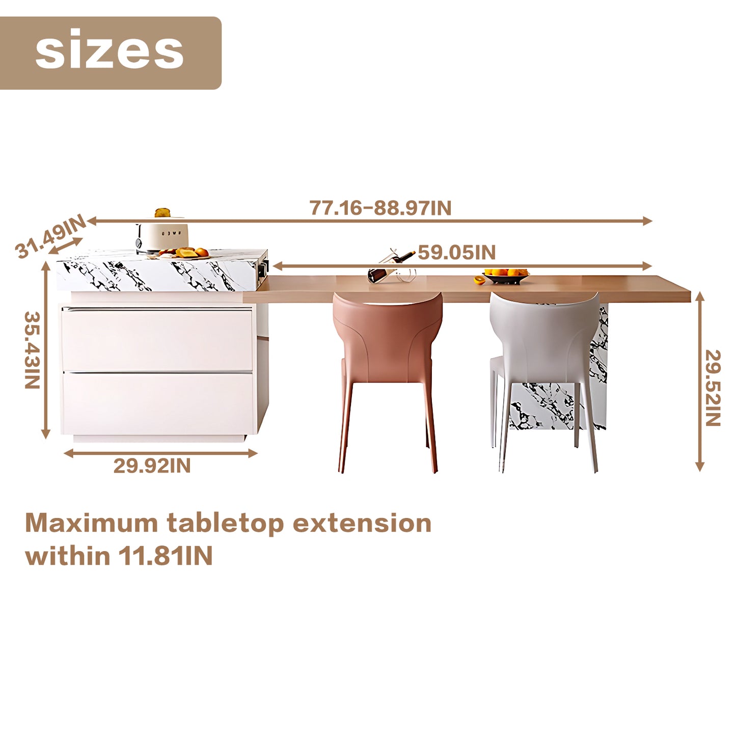 Aihm-Lon Kitchen Island with Extendable Table Unique Countertop 81.1"-100.78"