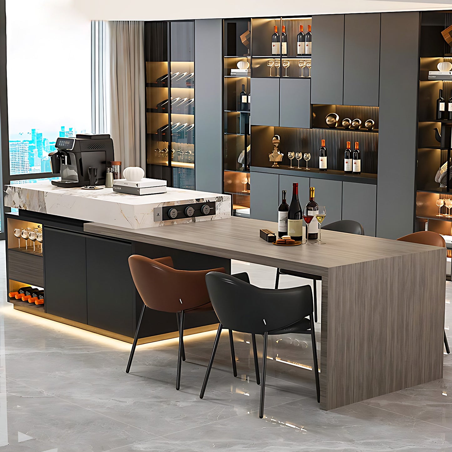 Aihm-Lon Kitchen Island with Extendable and LED Lights 86.61"-98.42"