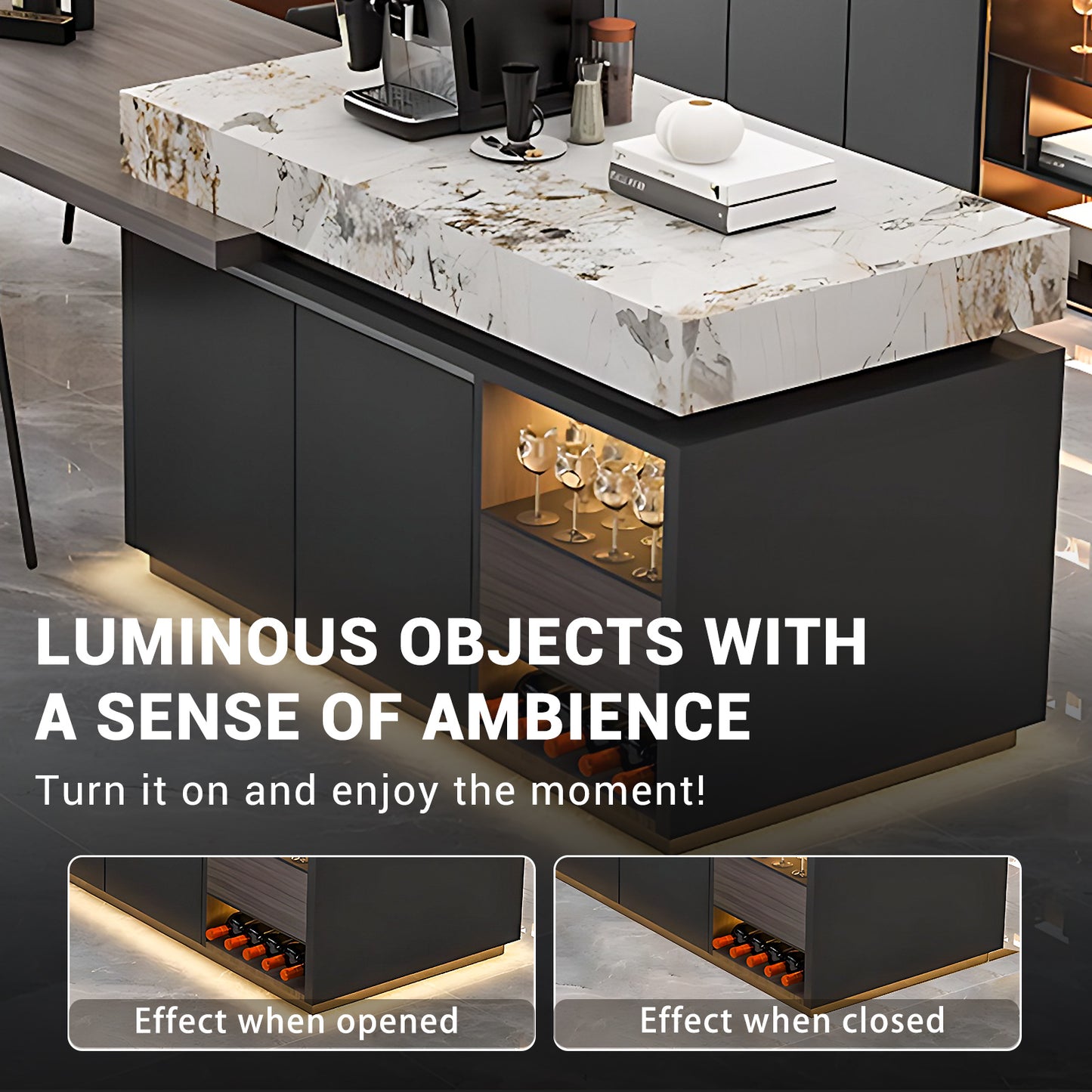 Aihm-Lon Kitchen Island with Extendable and LED Lights 86.61"-98.42"