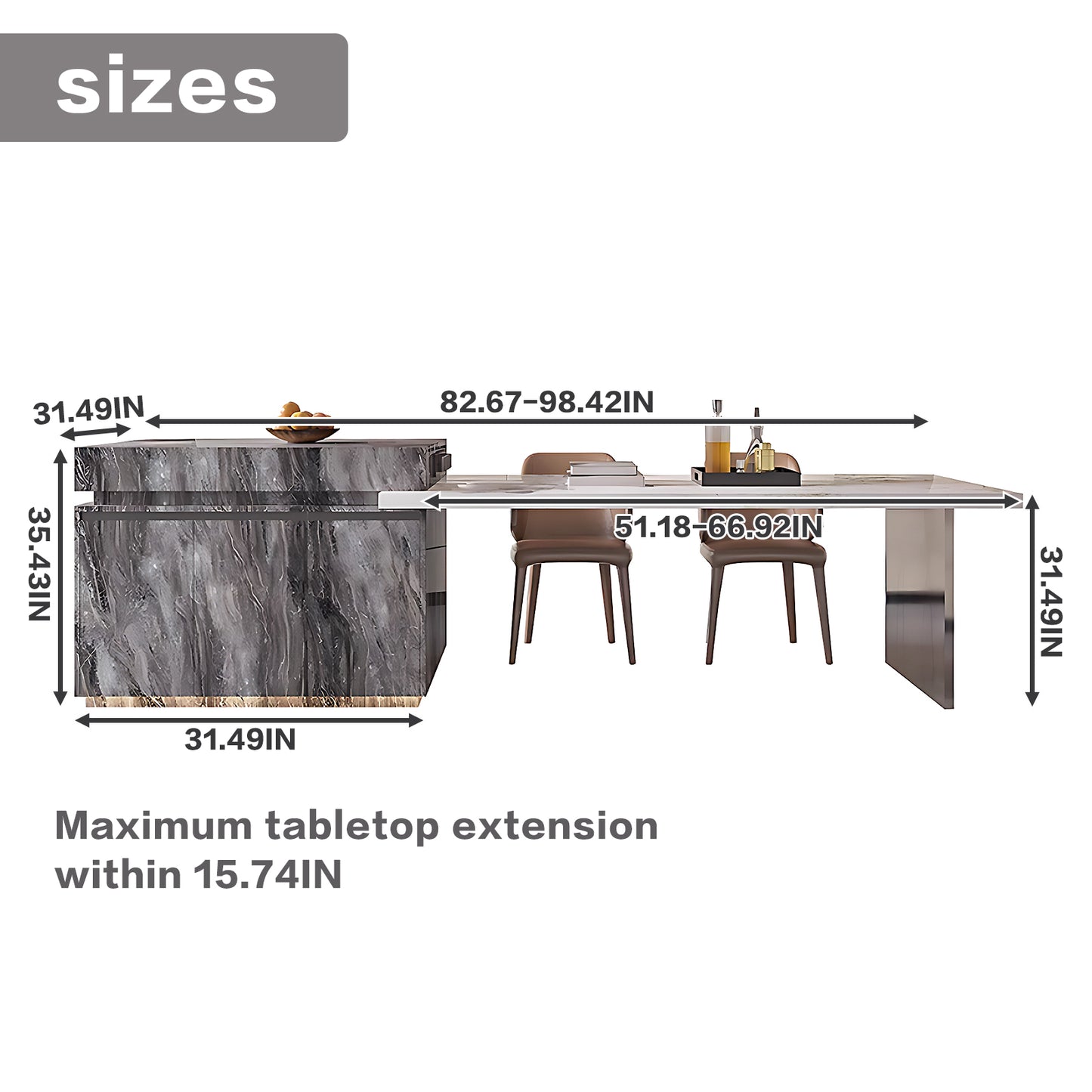 Aihm-Lon Gray Kitchen Island with Extendable Table 86.61"-98.42"