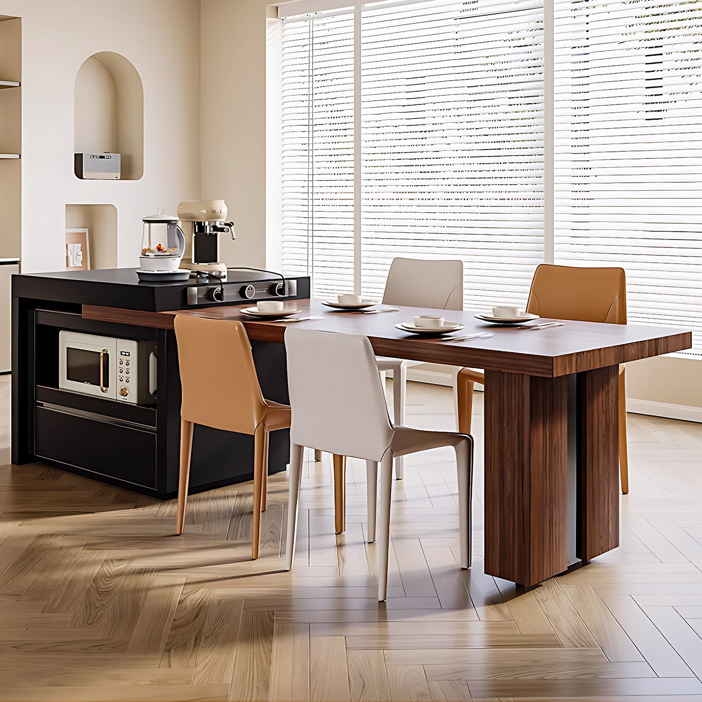 Aihm-Lon Black Kitchen Island with Wooden Extendable Table 85.82"-101.57"