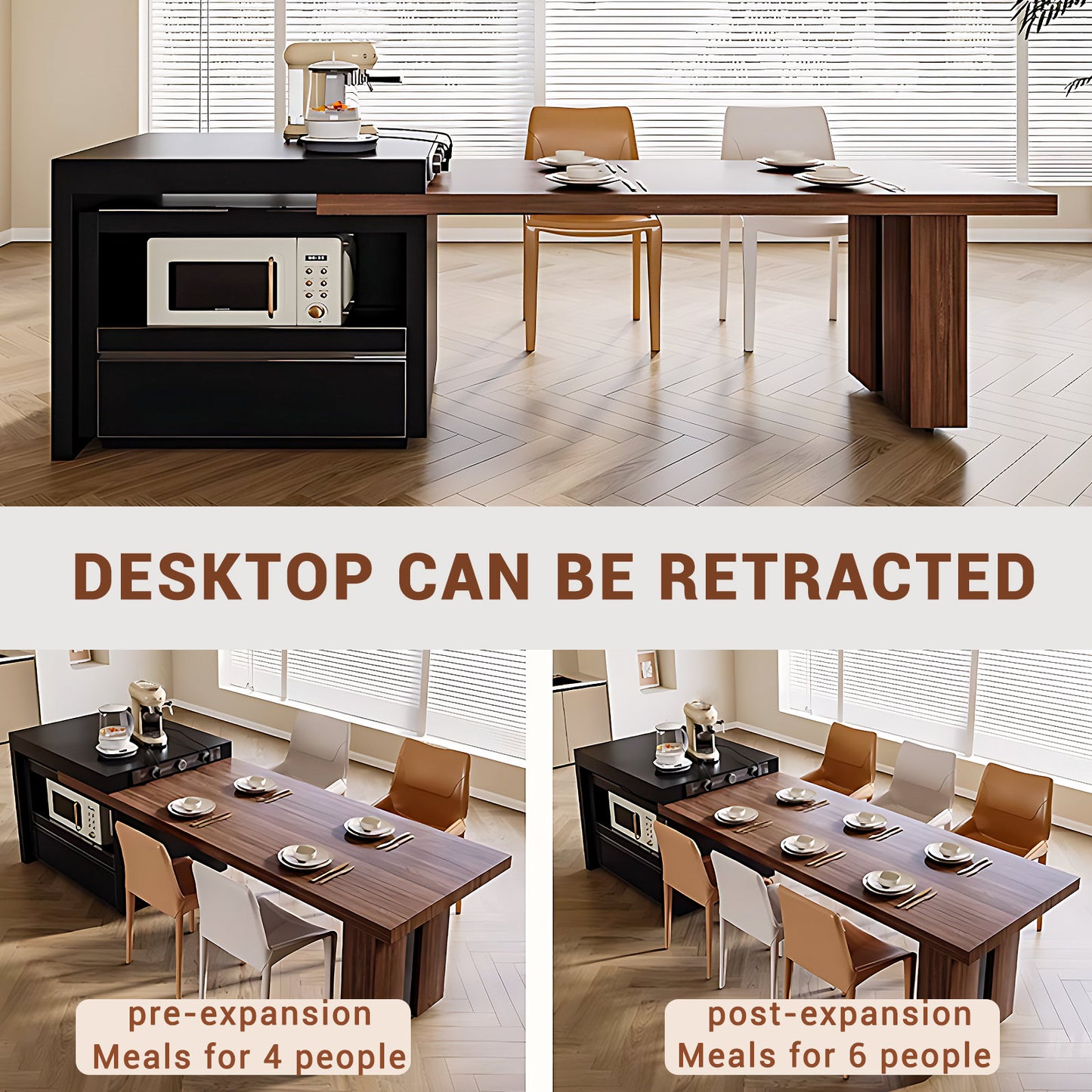 Aihm-Lon Black Kitchen Island with Wooden Extendable Table 85.82"-101.57"