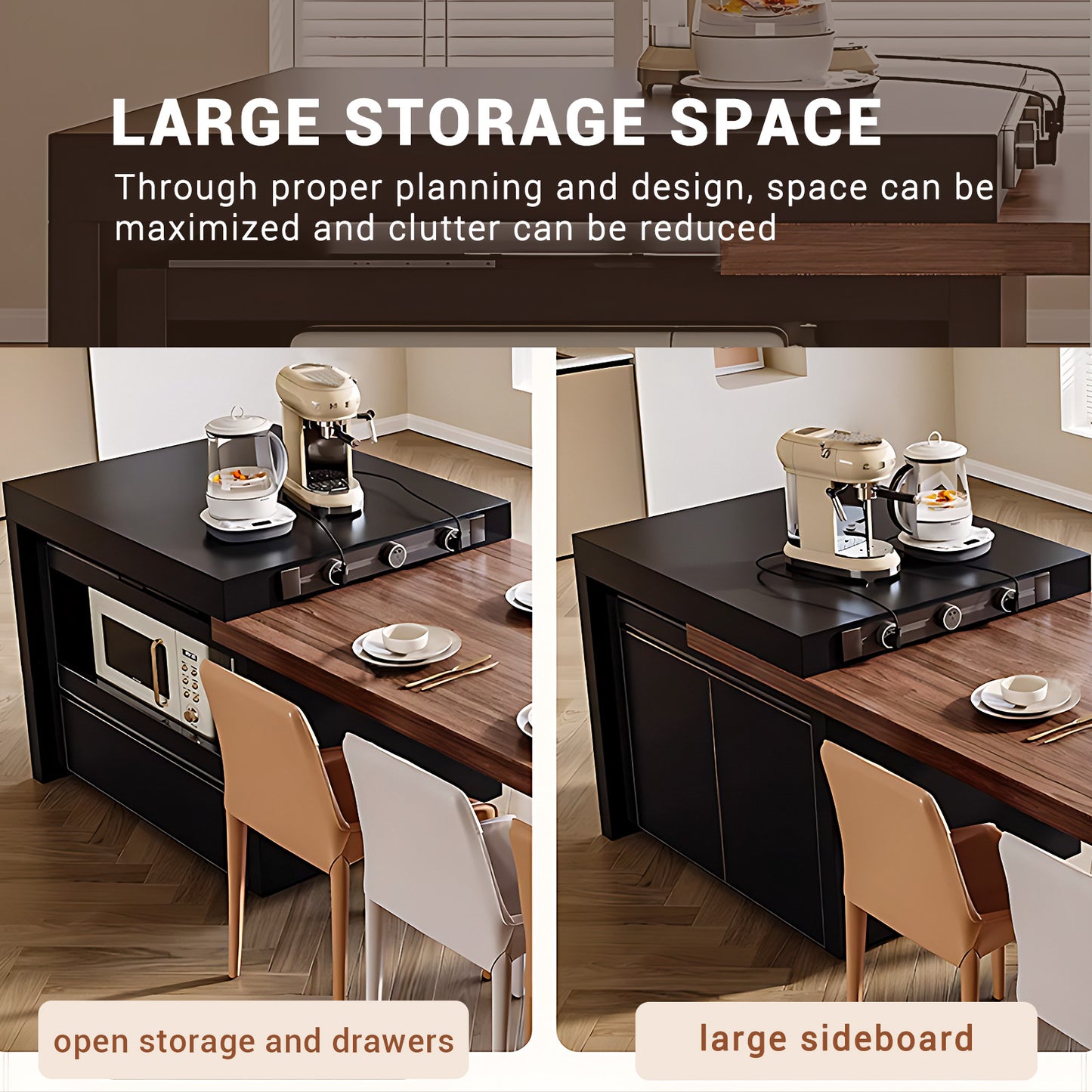 Aihm-Lon Black Kitchen Island with Wooden Extendable Table 85.82"-101.57"