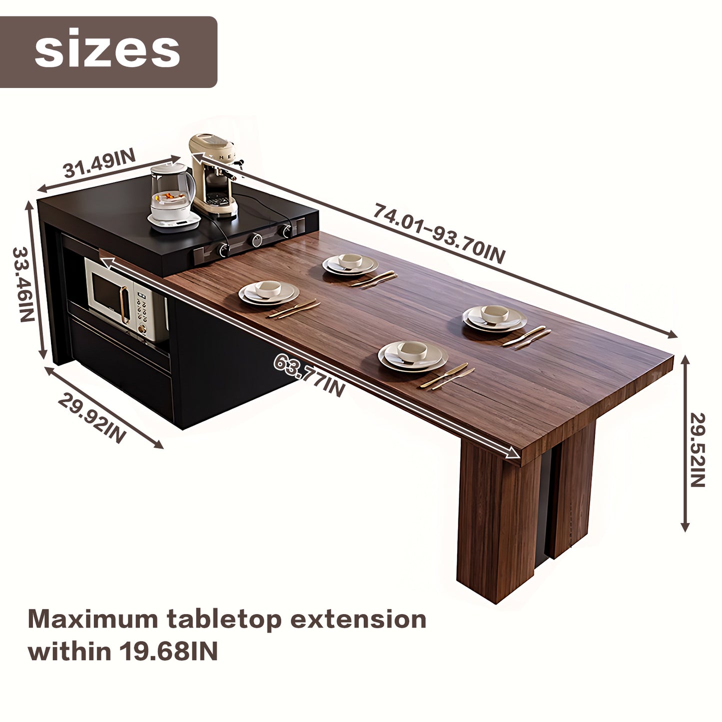 Aihm-Lon Black Kitchen Island with Wooden Extendable Table 85.82"-101.57"