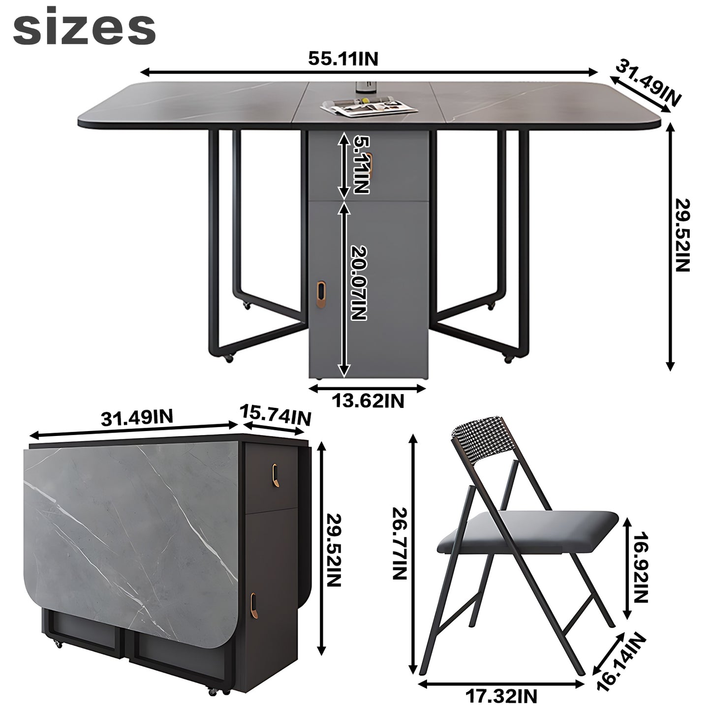 Aihm-Lon Gray Kitchen Island with Extendable Table Chairs 55.11"-62.99"