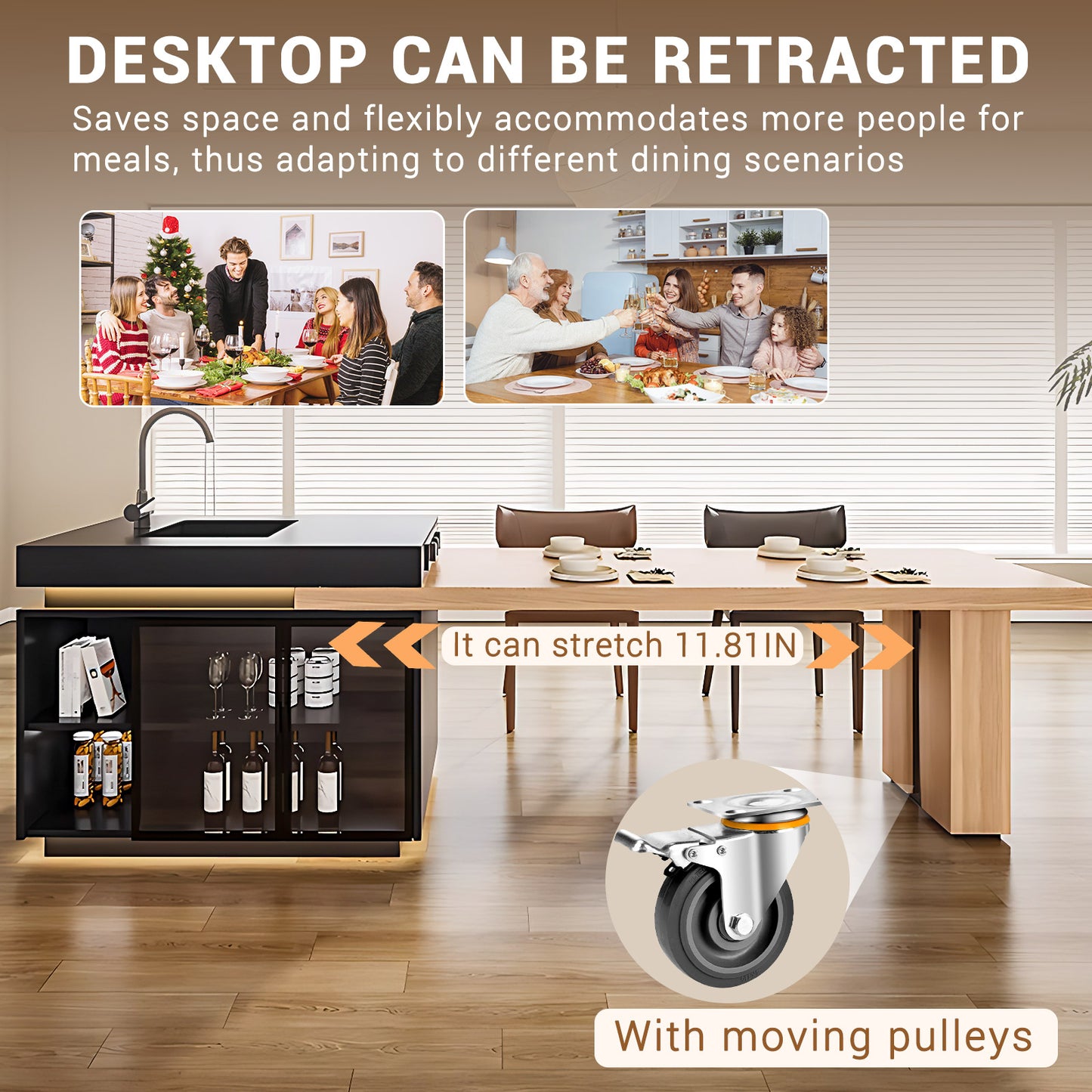 Aihm-Lon Kitchen Island with Extendable Table and Sink 93.7"-101.57"