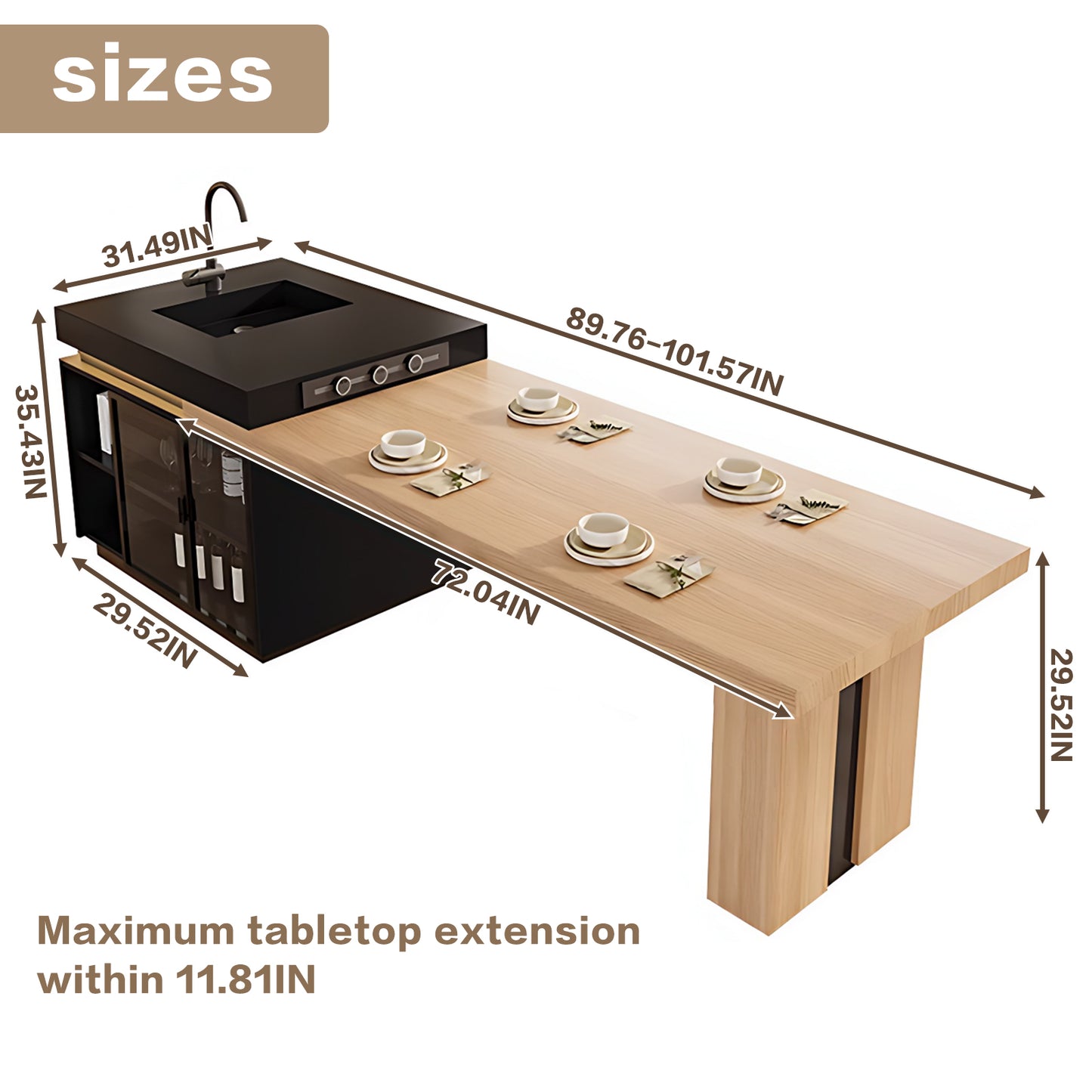 Aihm-Lon Kitchen Island with Extendable Table and Sink 93.7"-101.57"