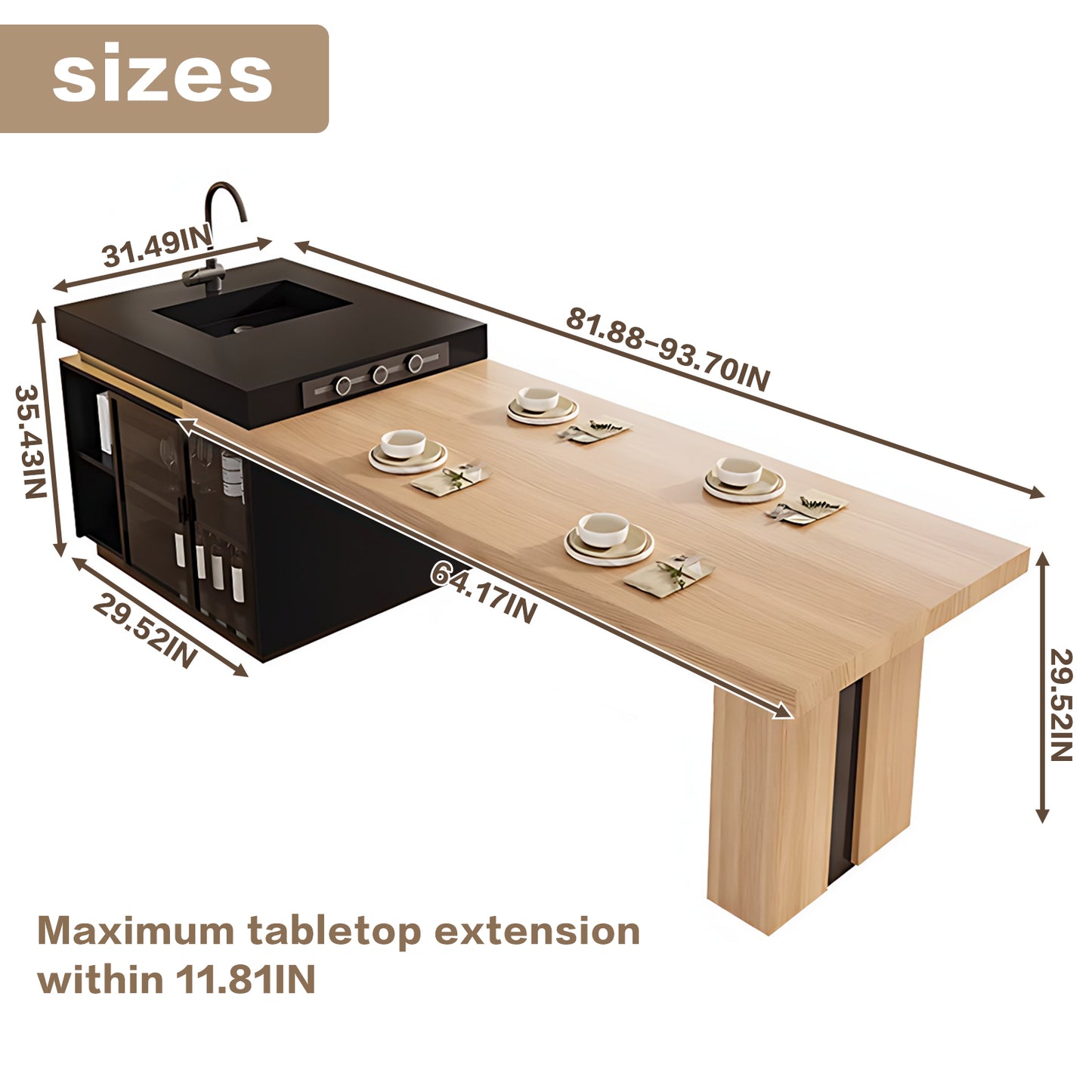 Aihm-Lon Kitchen Island with Extendable Table and Sink 93.7"-101.57"