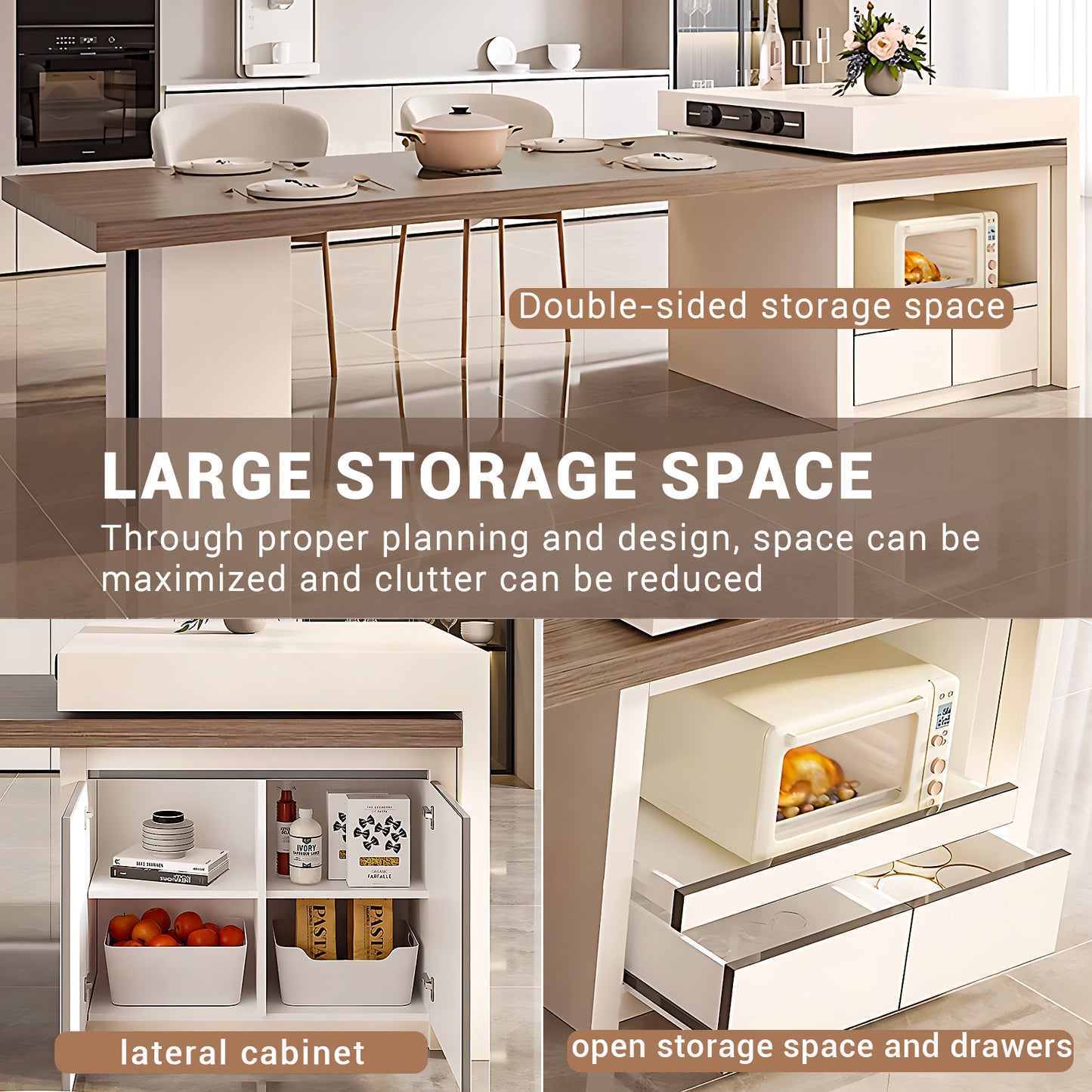 Aihm-Lon White Kitchen Island with Extendable Table 93.7"-101.57"