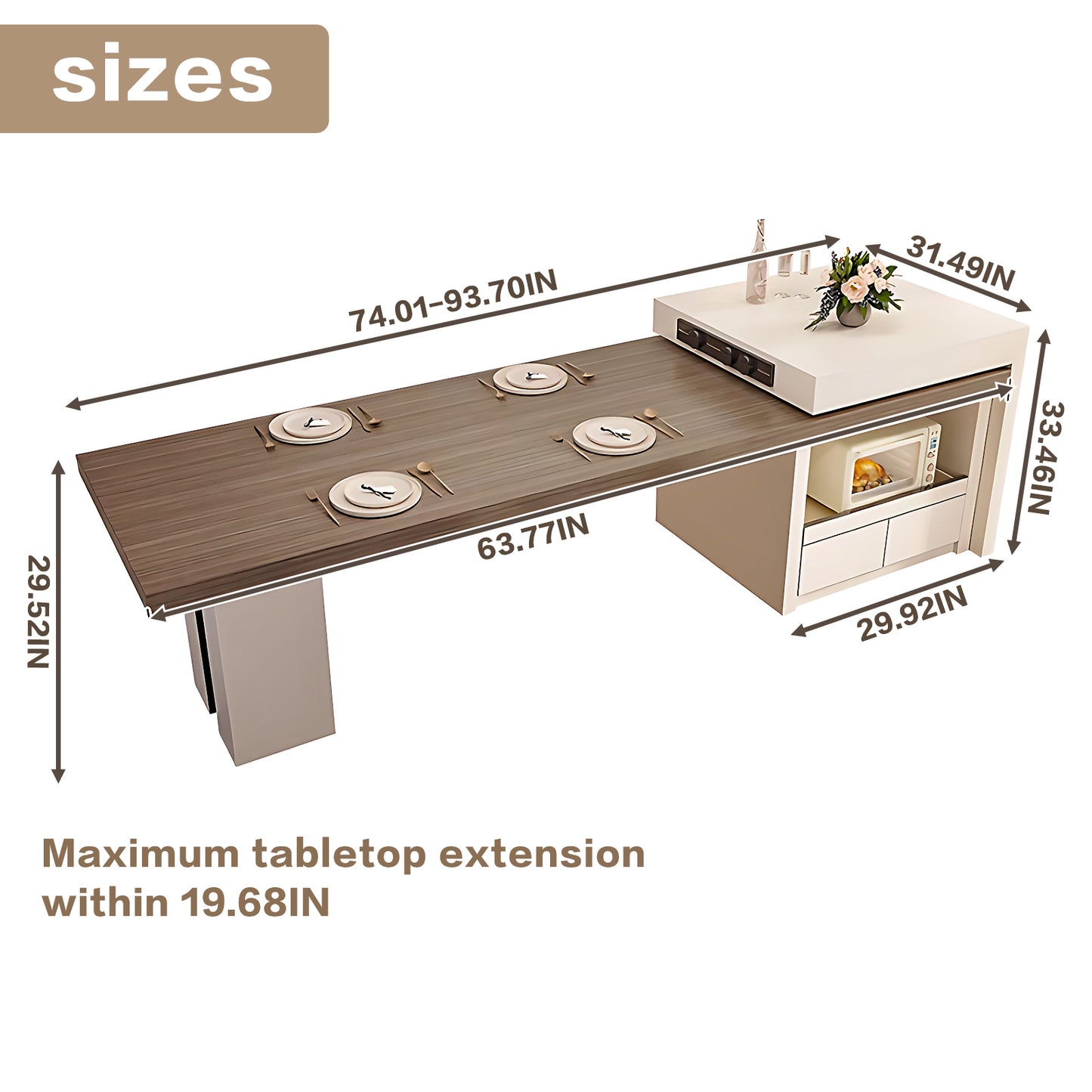 Aihm-Lon White Kitchen Island with Extendable Table 93.7"-101.57"