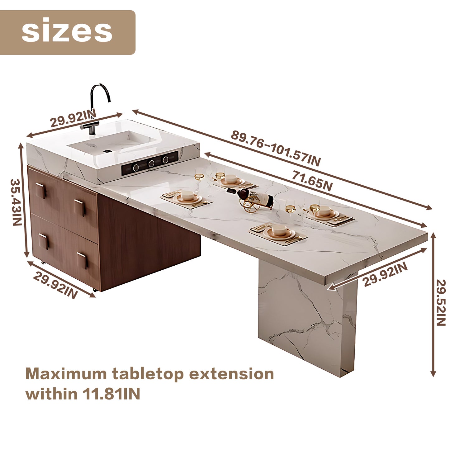 Aihm-Lon Mobile Kitchen Island with Sink Extendable Table 93.7"-101.57"