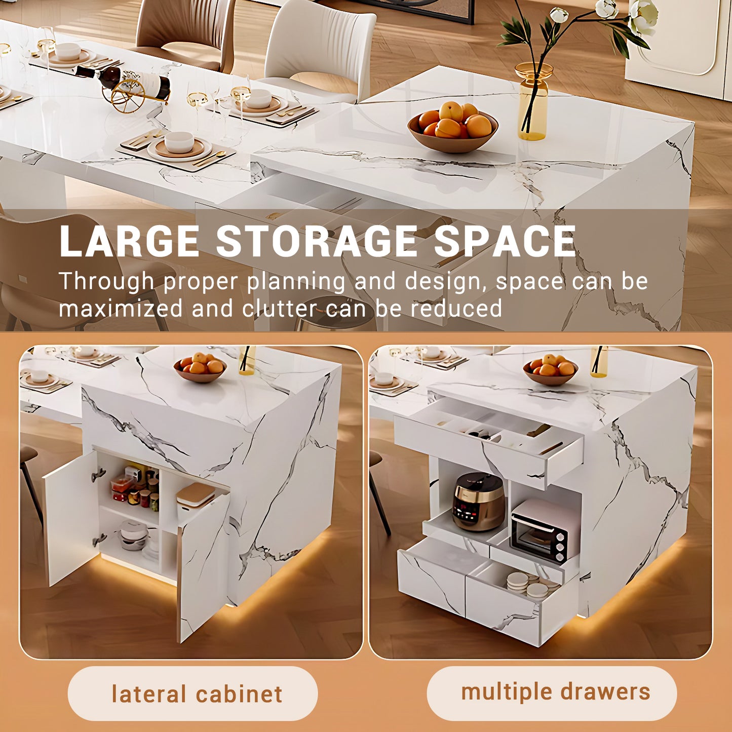 Aihm-Lon Kitchen Island with LED Light with Extendable Table 93.7"-101.57"