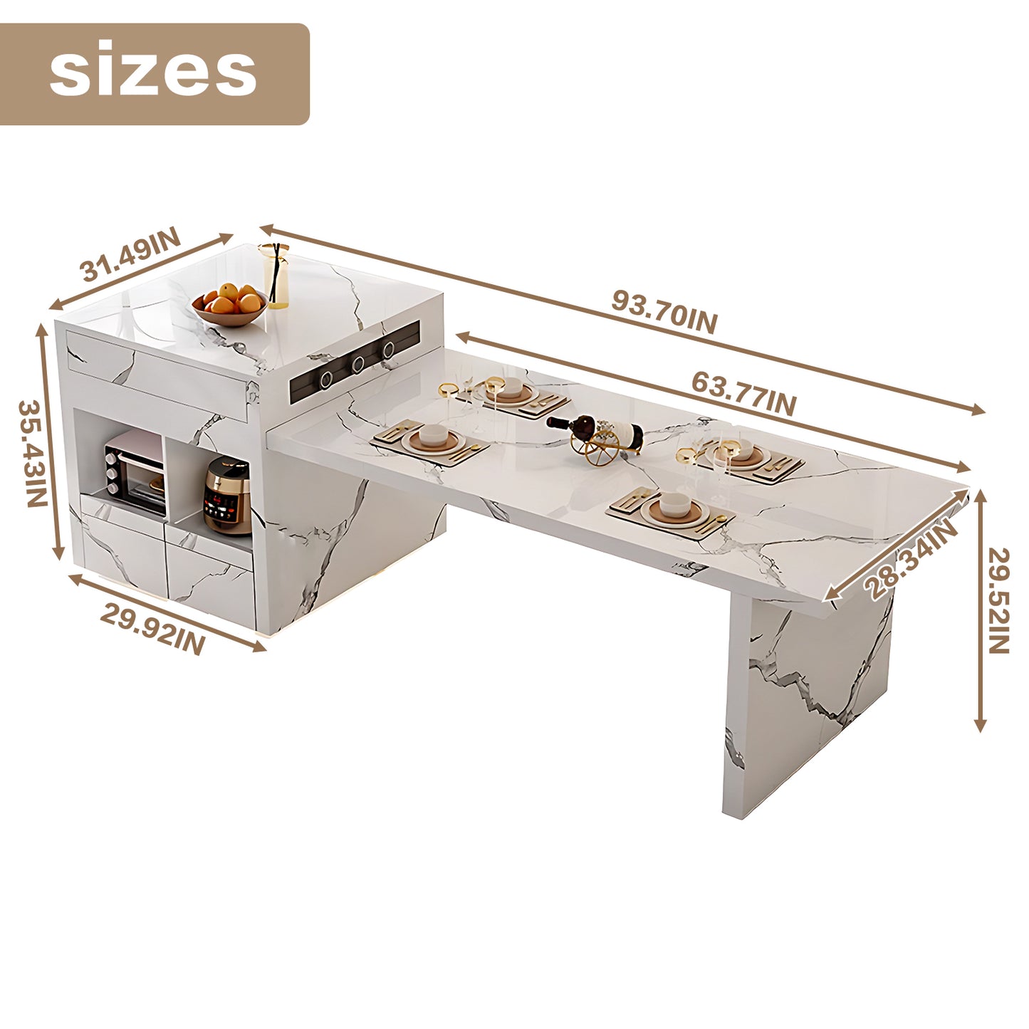 Aihm-Lon Kitchen Island with LED Light with Extendable Table 93.7"-101.57"
