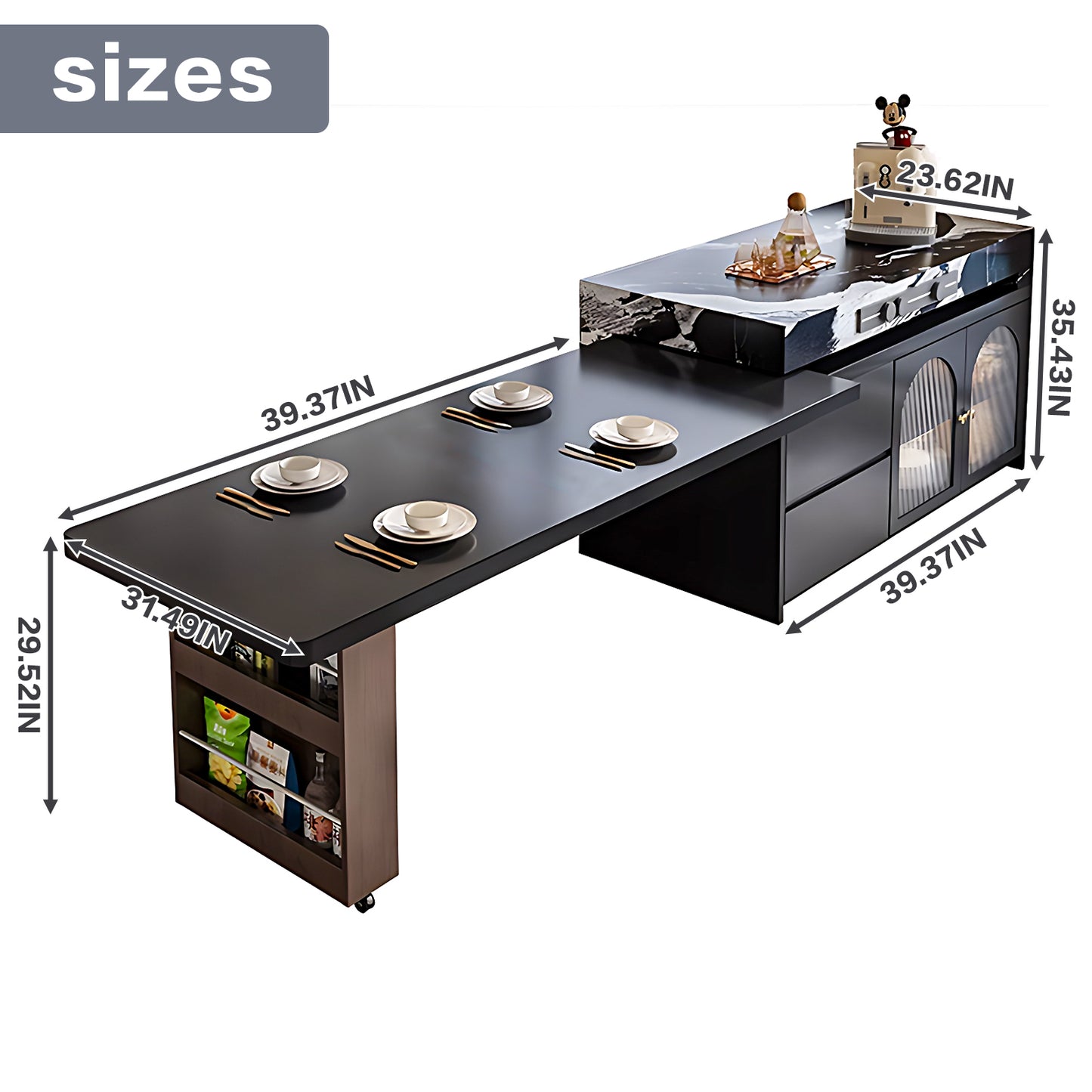 Aihm-Lon Kitchen Island with Extendable Table Side Shelf Rack 39.37"-62.99"