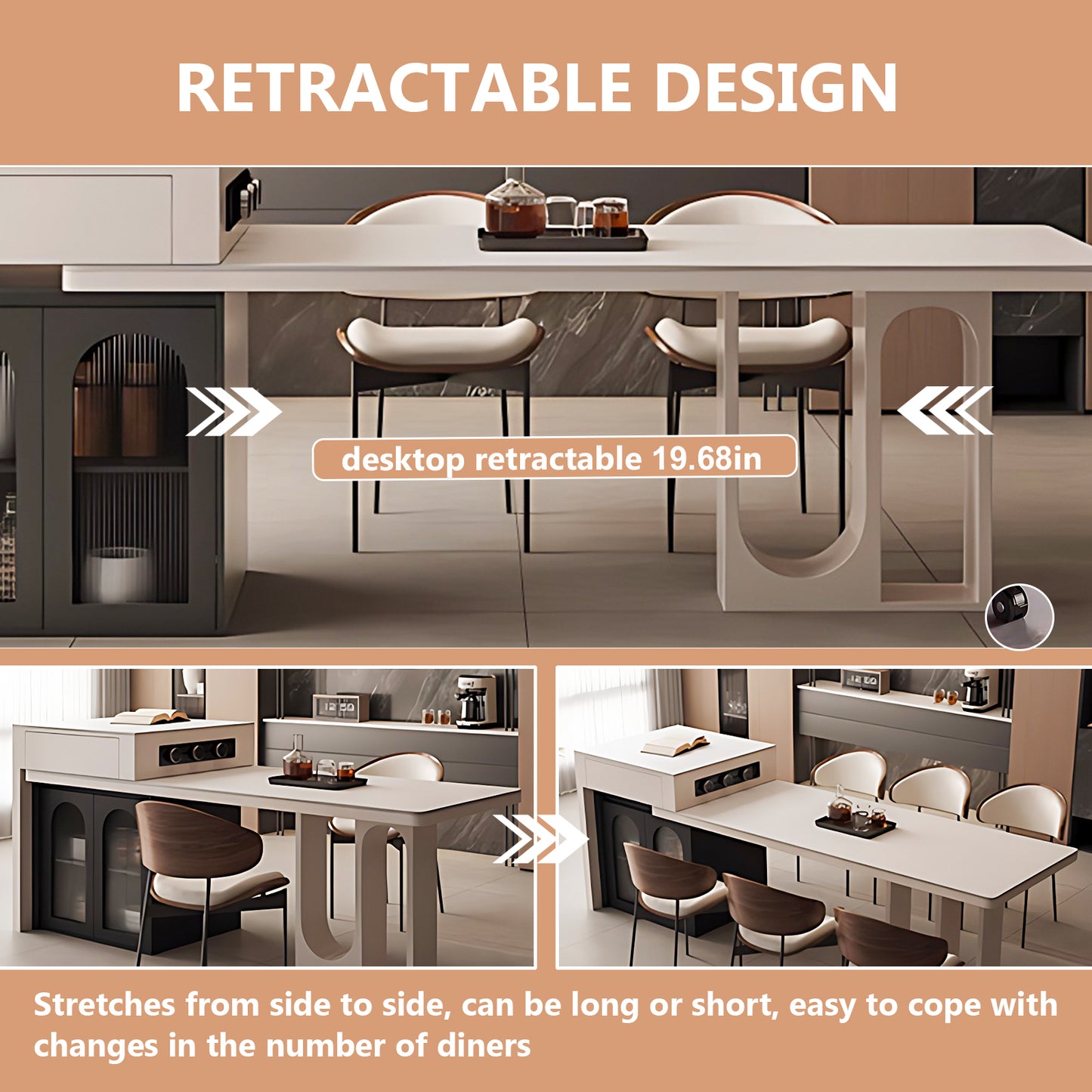 Aihm-Lon Black Kitchen Island with White Extendable Table 66.33"-82.08"